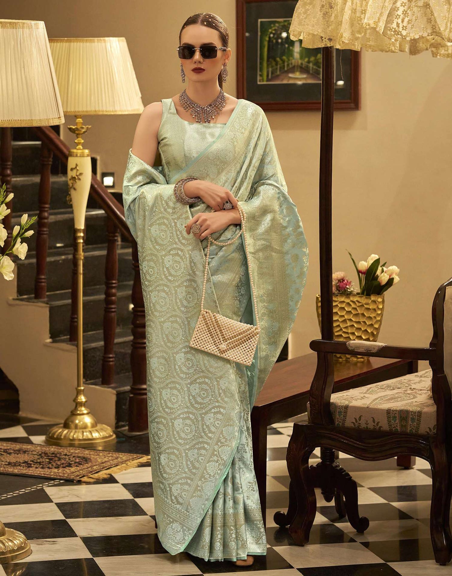 Light Pista Green Satin Woven Banarasi Saree