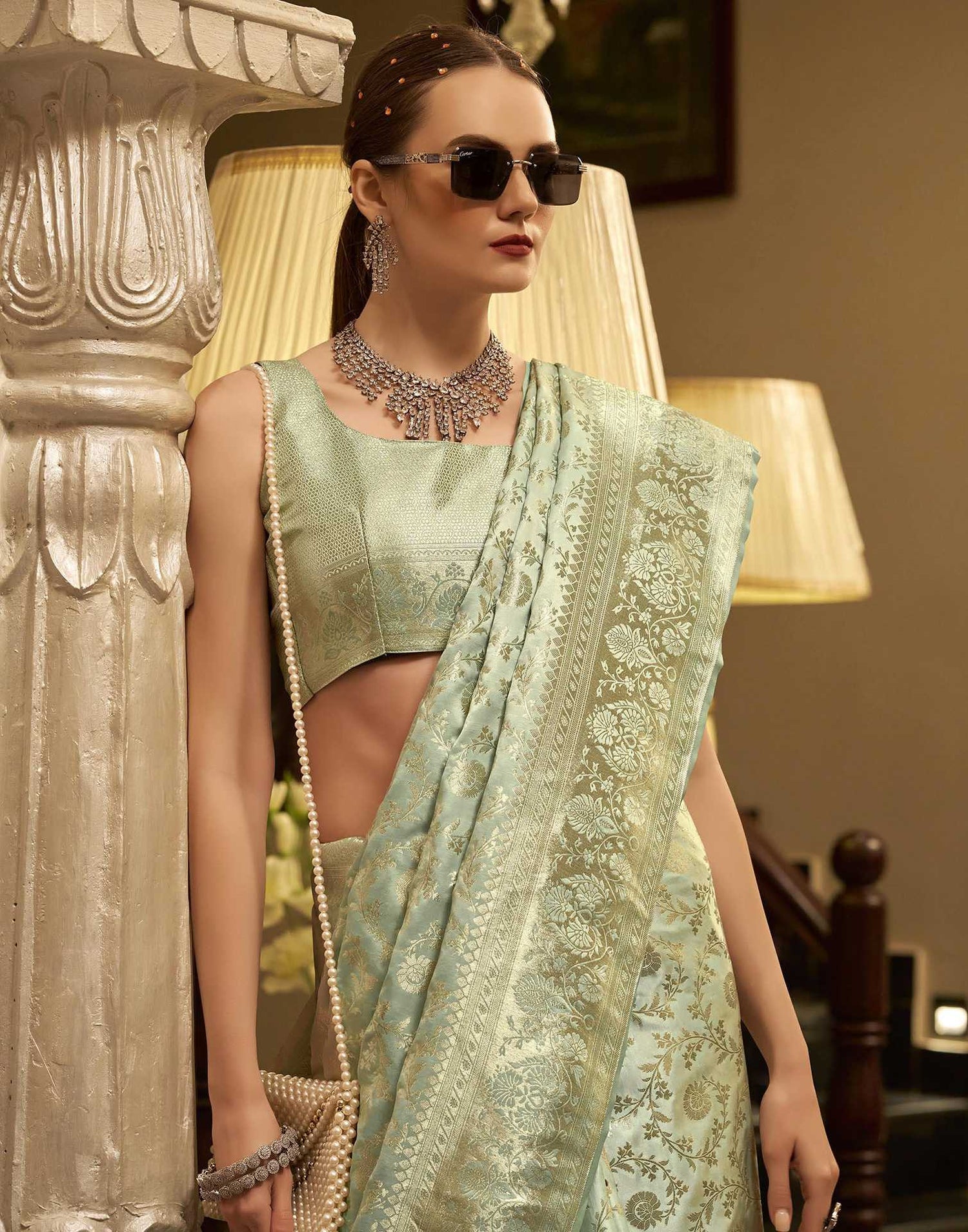 Light Pista Green Satin Woven Banarasi Saree