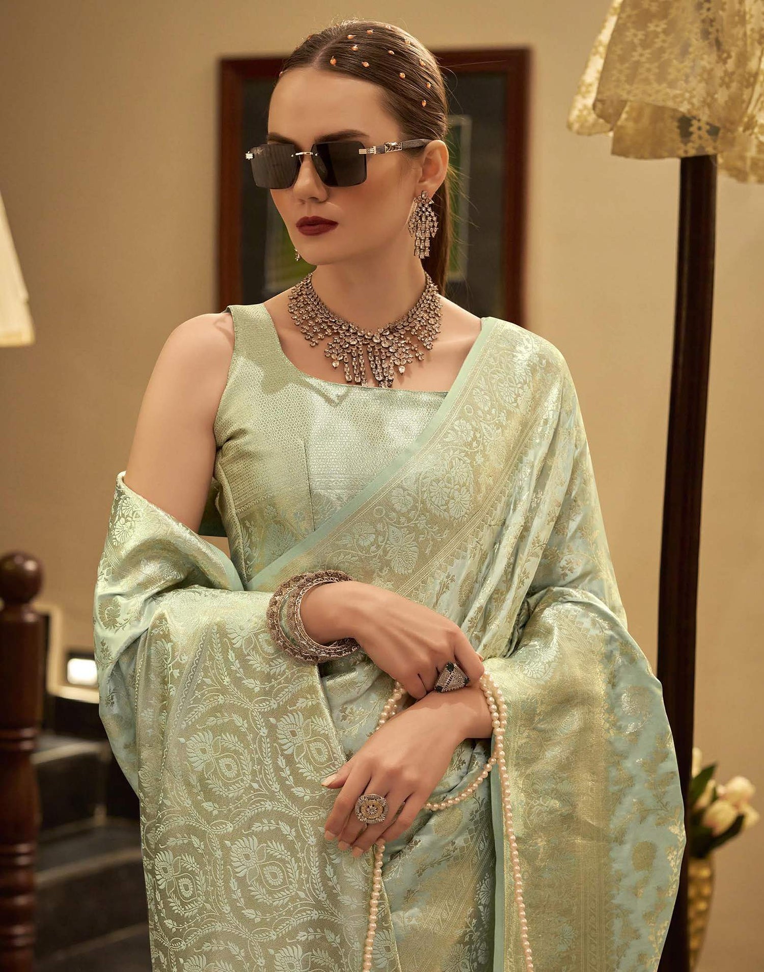 Light Pista Green Satin Woven Banarasi Saree