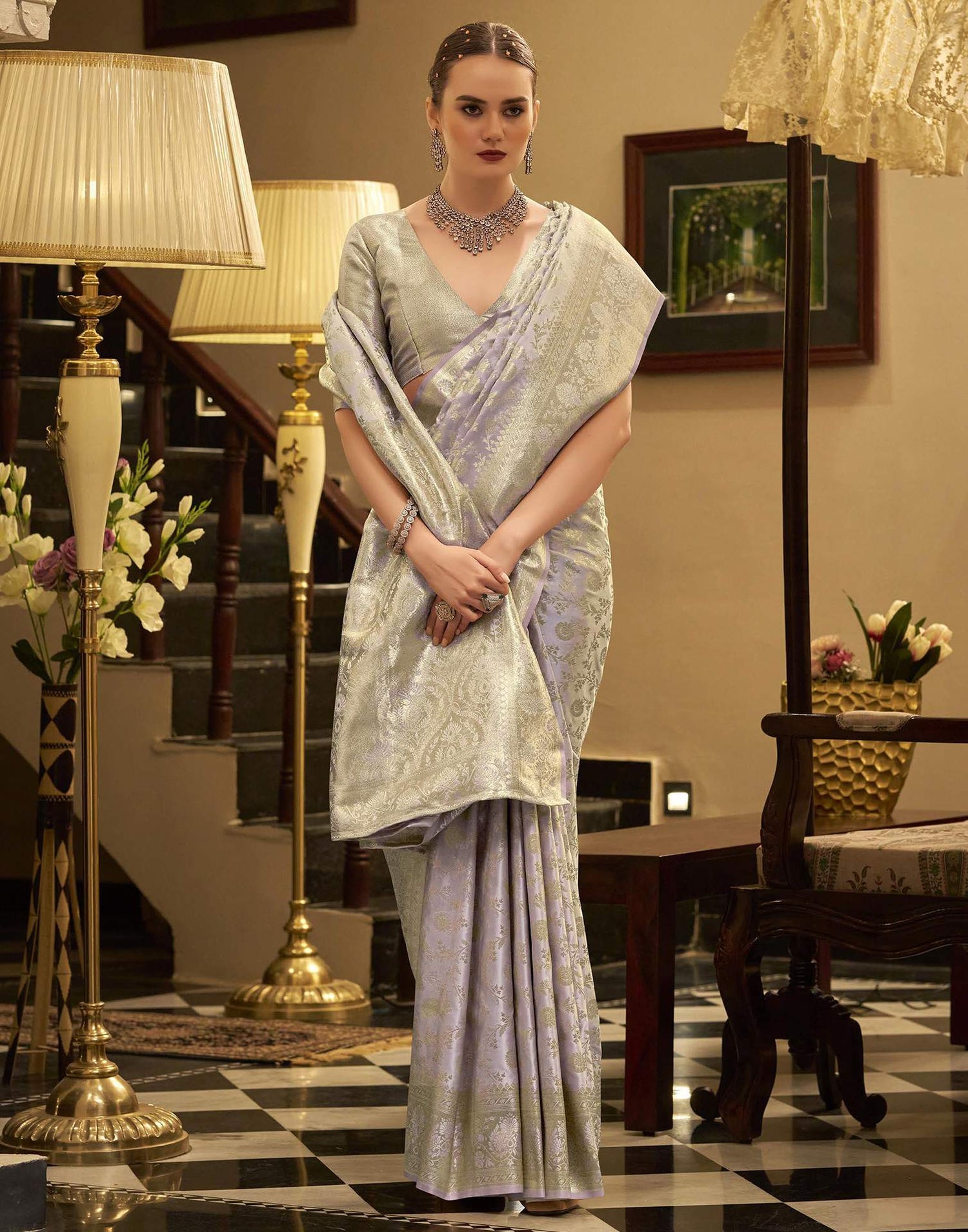 Lavender Satin Woven Banarasi Saree