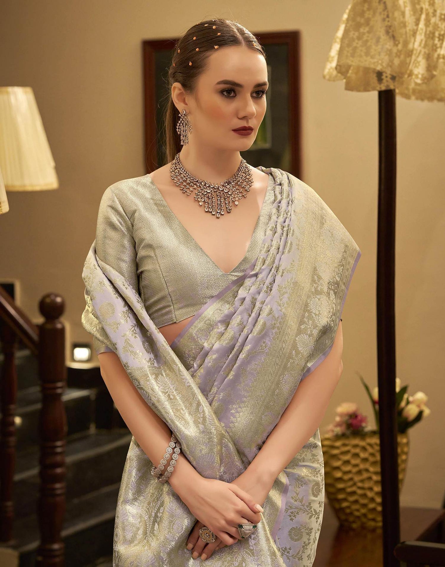 Lavender Satin Woven Banarasi Saree