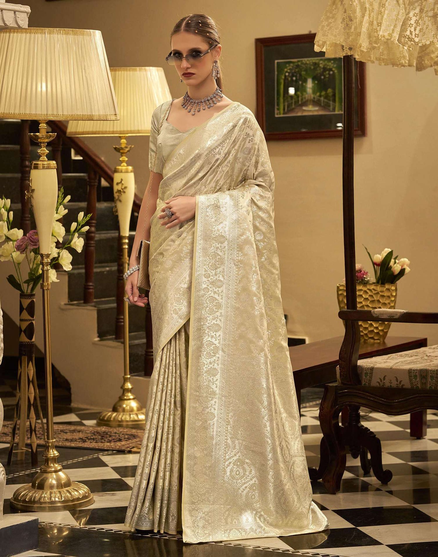 Beige Satin Woven Banarasi Saree