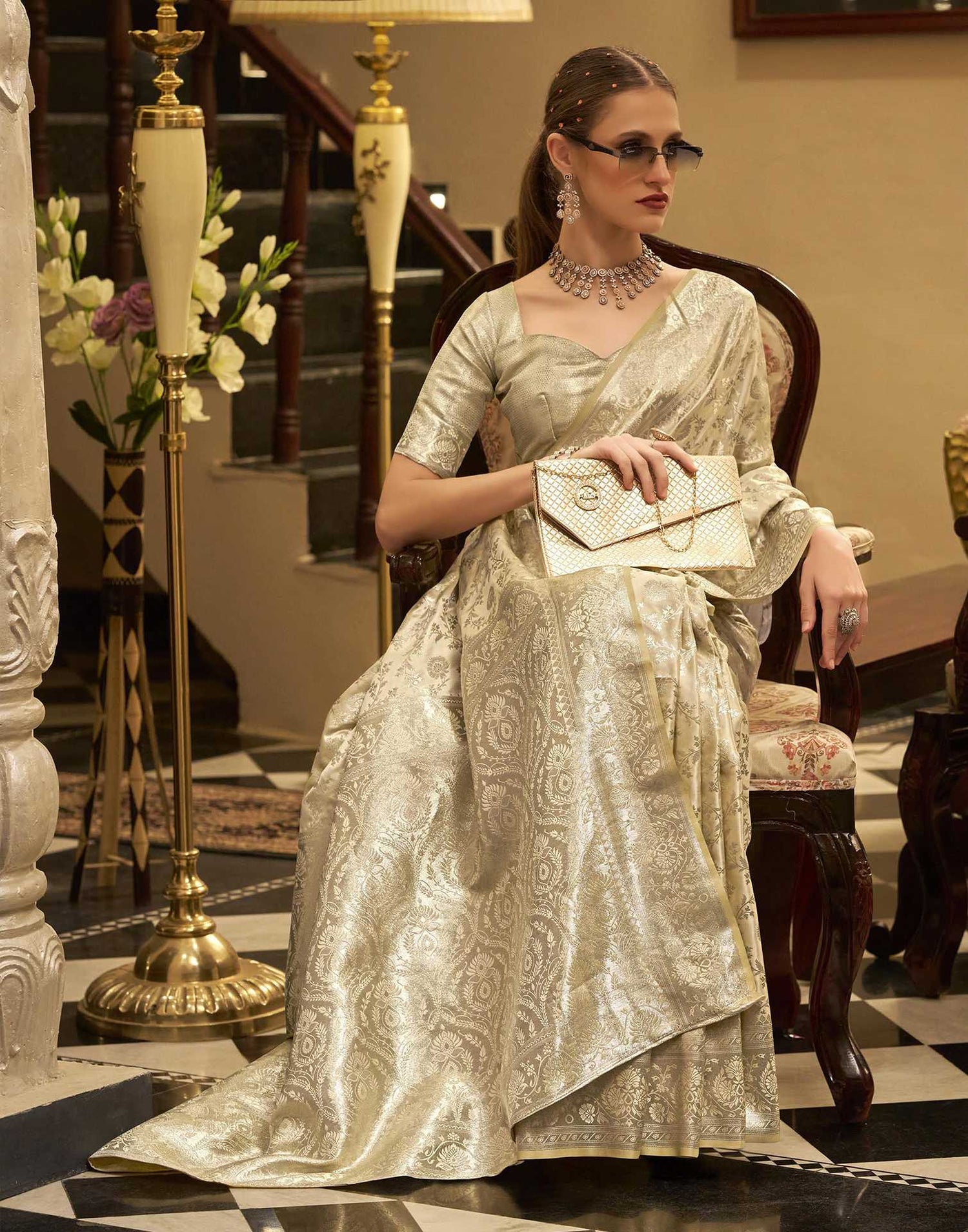 Beige Satin Woven Banarasi Saree