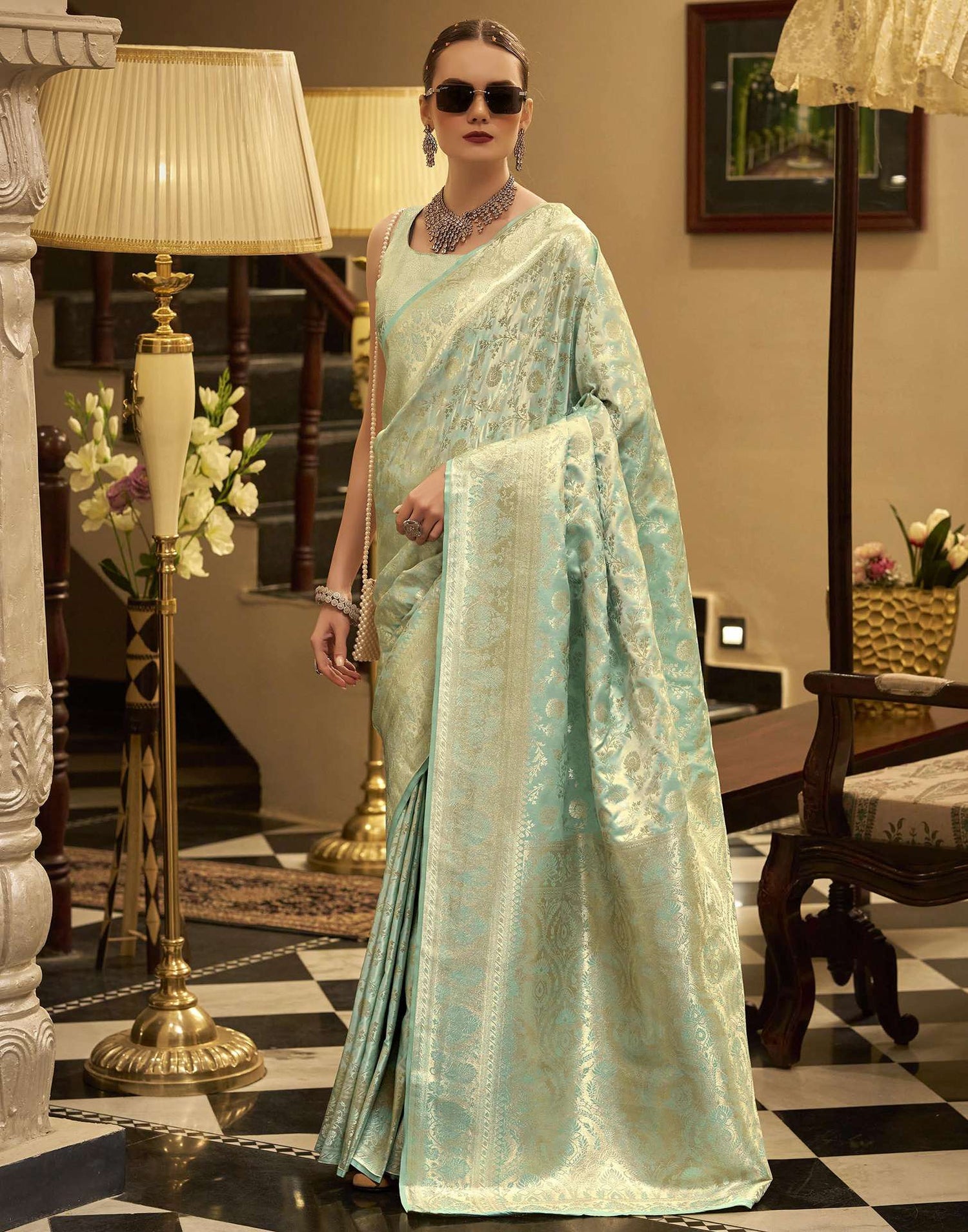 Mint Green Satin Woven Banarasi Saree