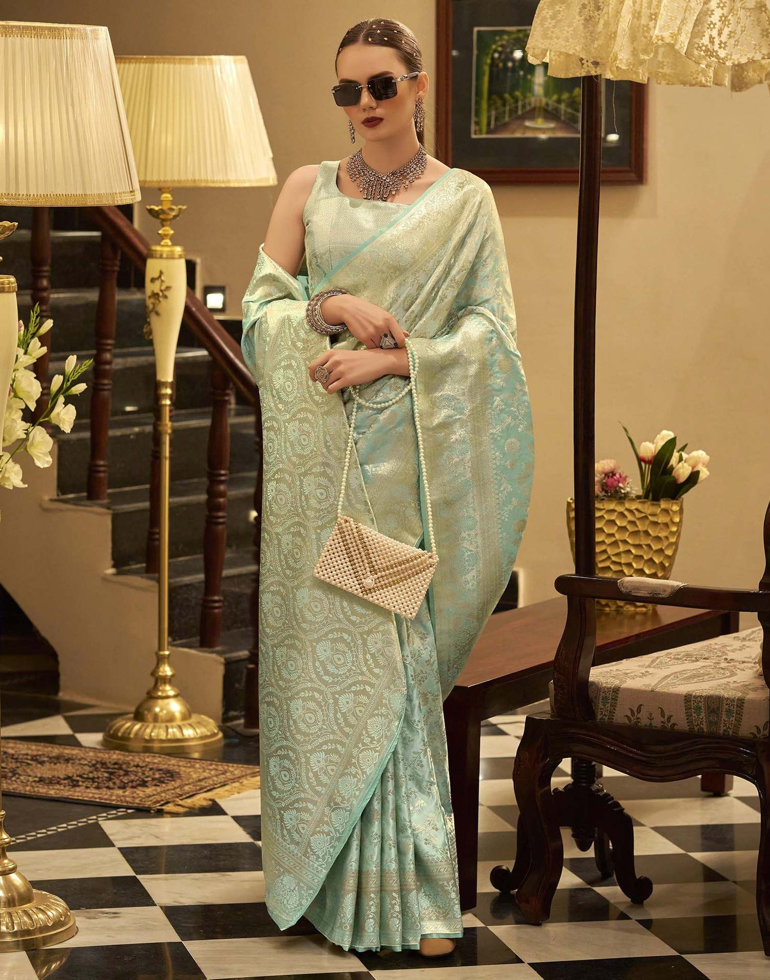 Mint Green Satin Woven Banarasi Saree