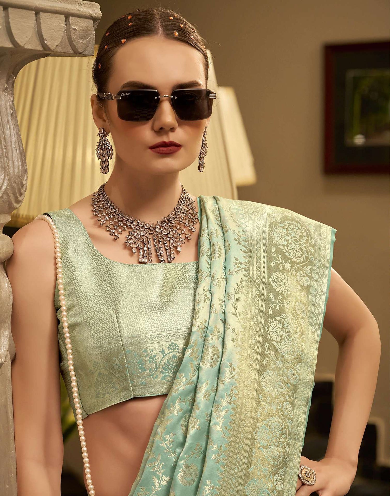 Mint Green Satin Woven Banarasi Saree