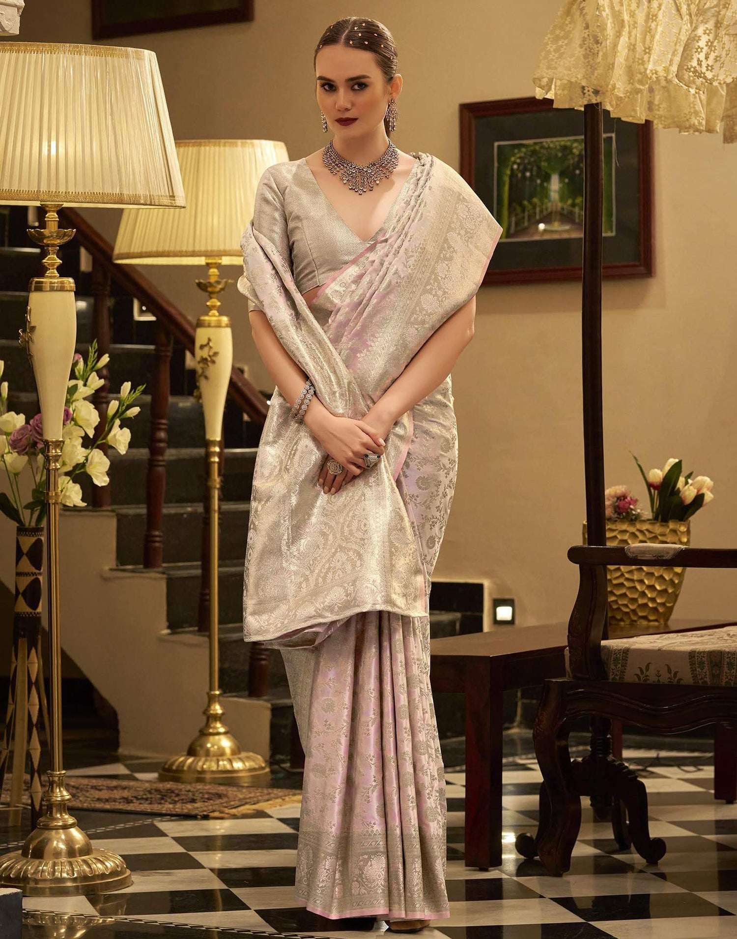 Baby Pink Satin Woven Banarasi Saree