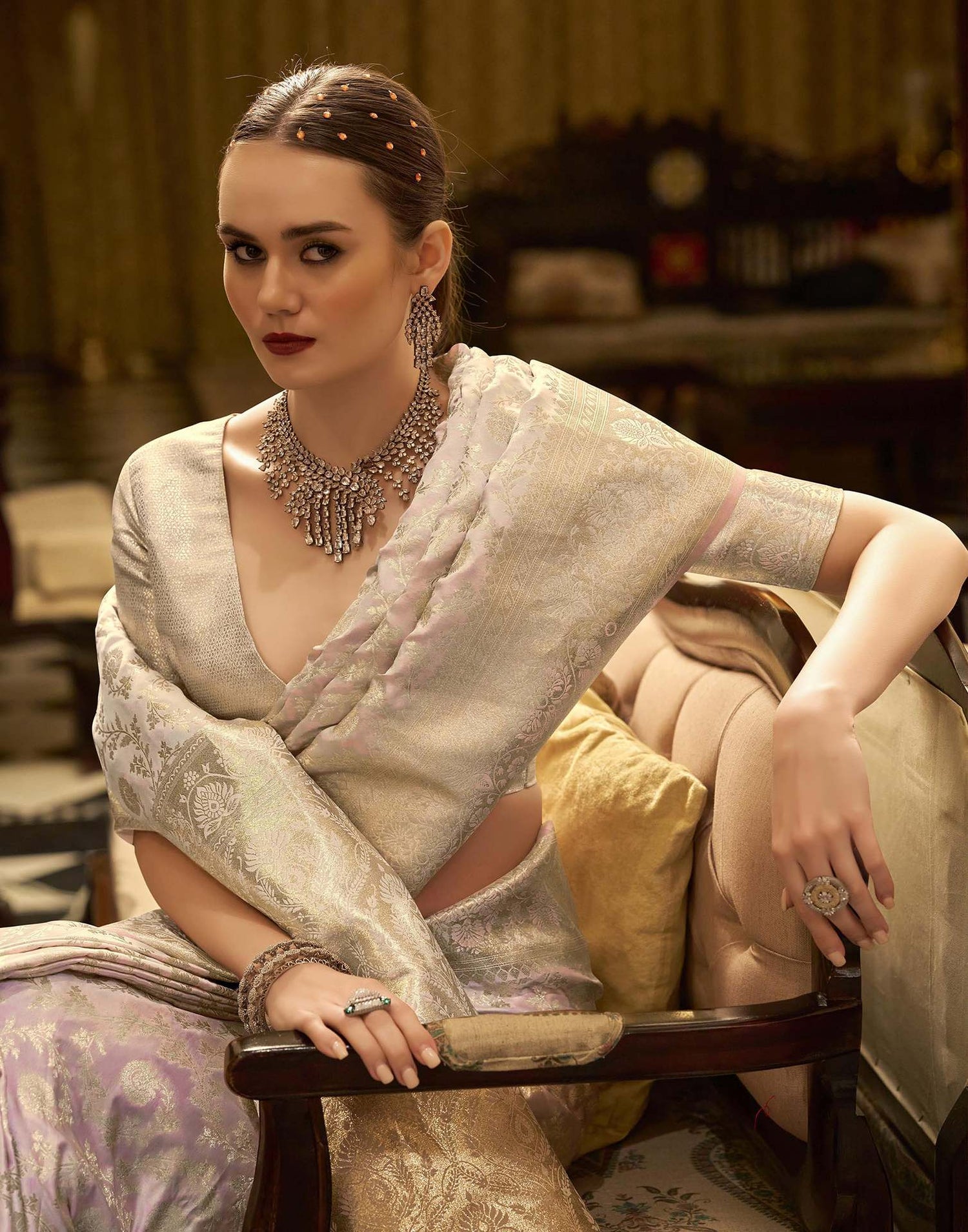 Baby Pink Satin Woven Banarasi Saree