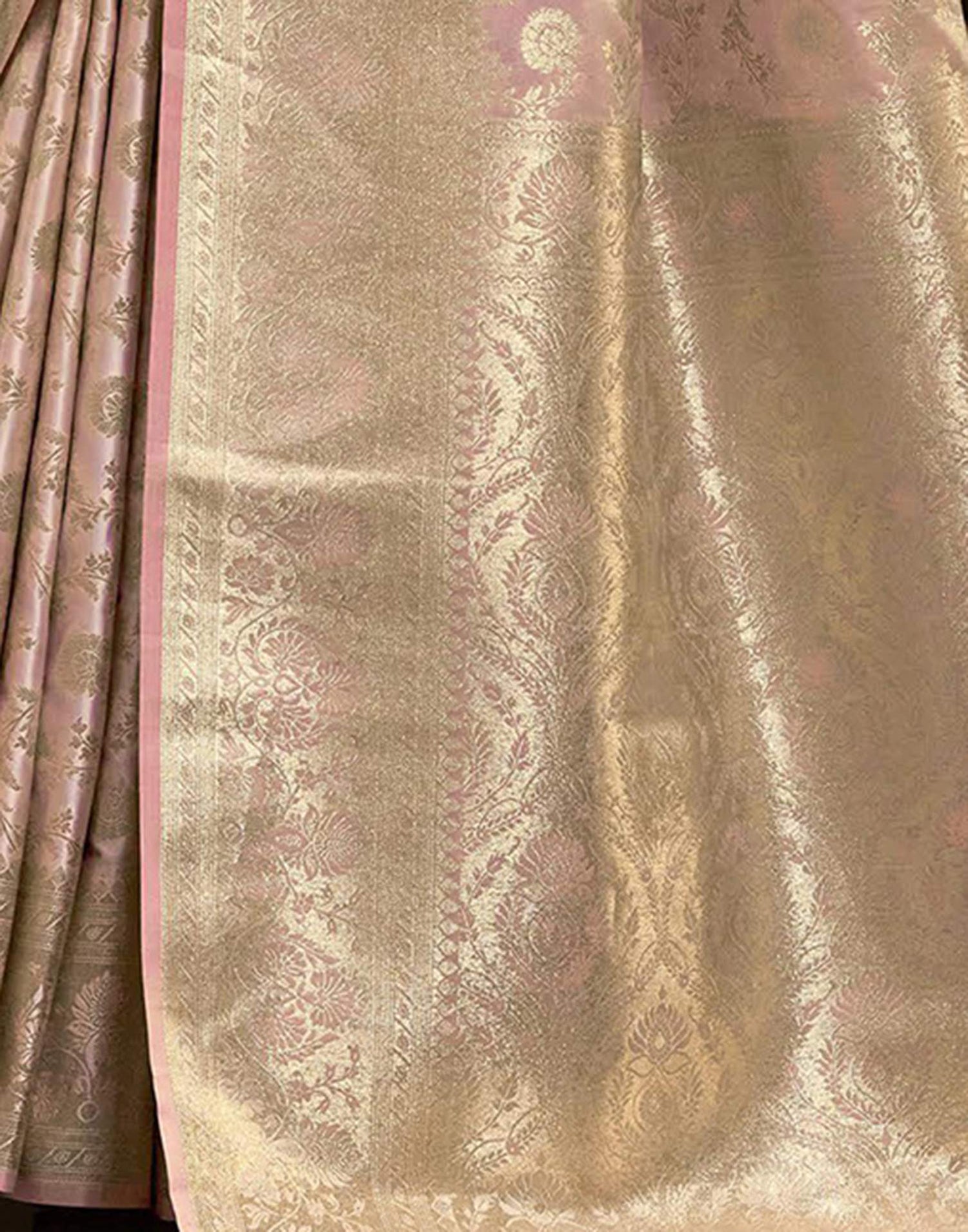 Baby Pink Satin Woven Banarasi Saree