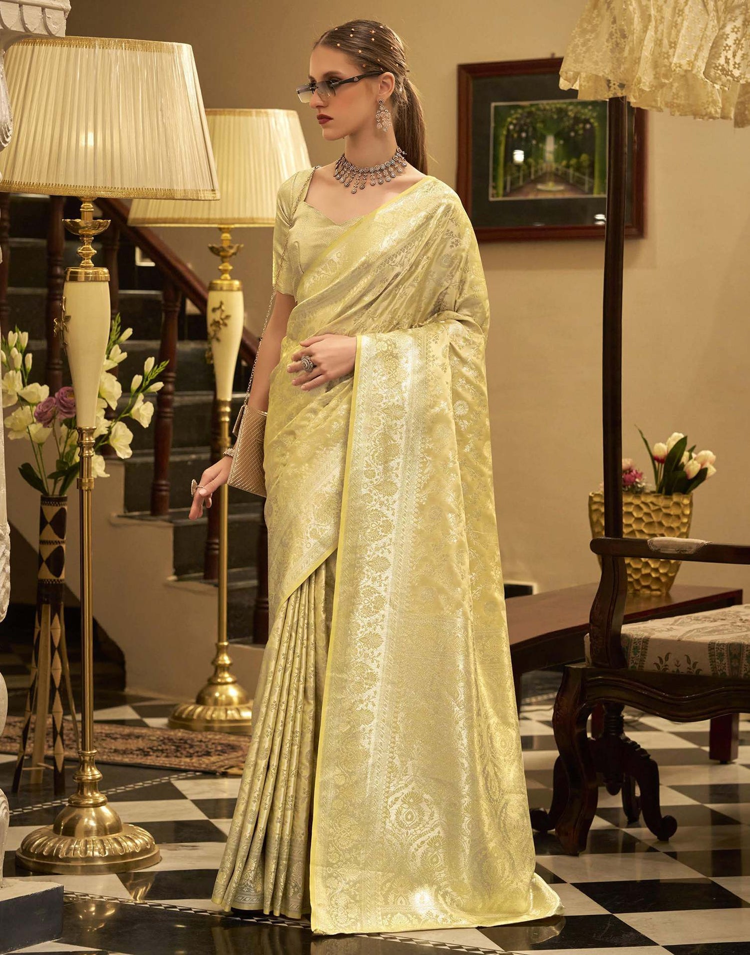 Light Yellow Satin Woven Banarasi Saree