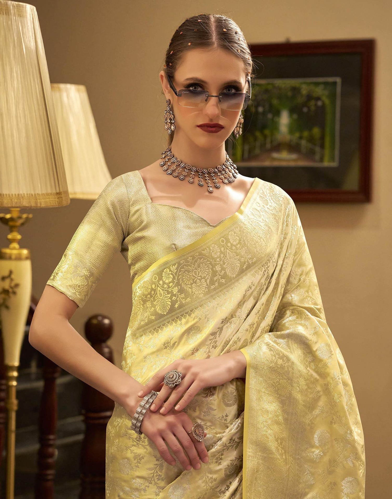 Light Yellow Satin Woven Banarasi Saree