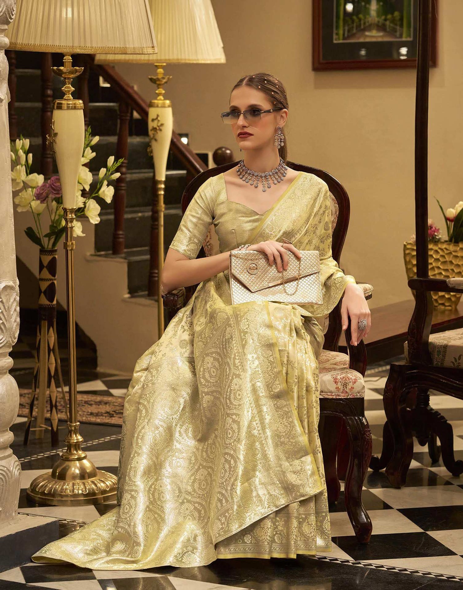 Light Yellow Satin Woven Banarasi Saree