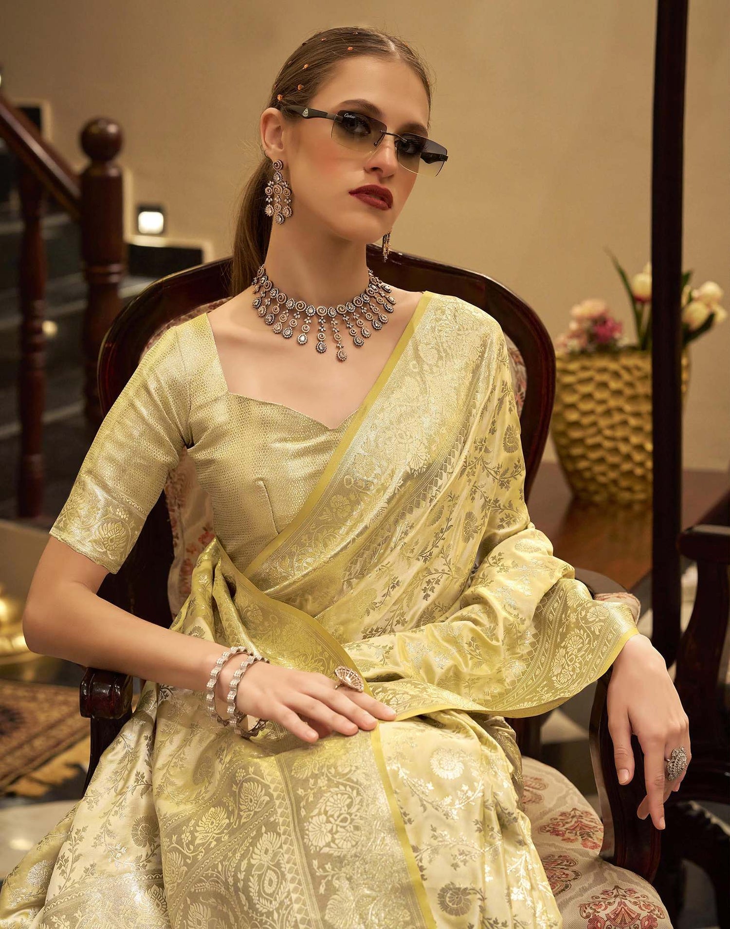 Light Yellow Satin Woven Banarasi Saree