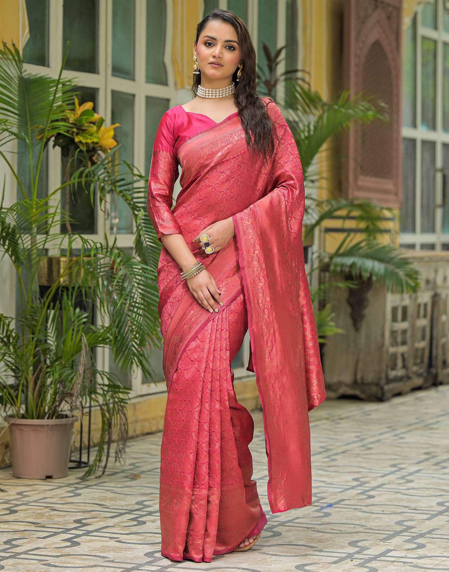 Dark Pink Silk Woven Banarasi Saree