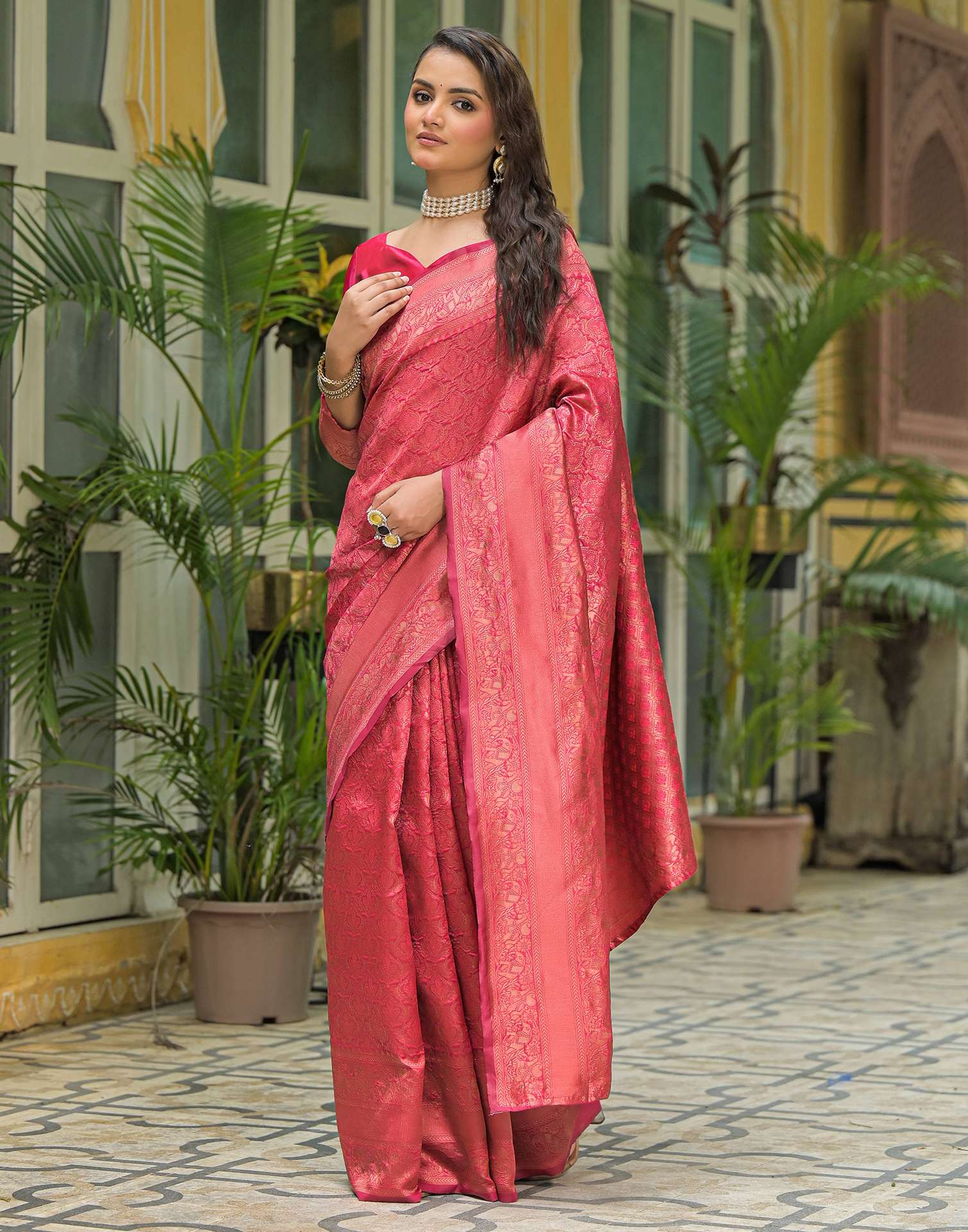 Dark Pink Silk Woven Banarasi Saree