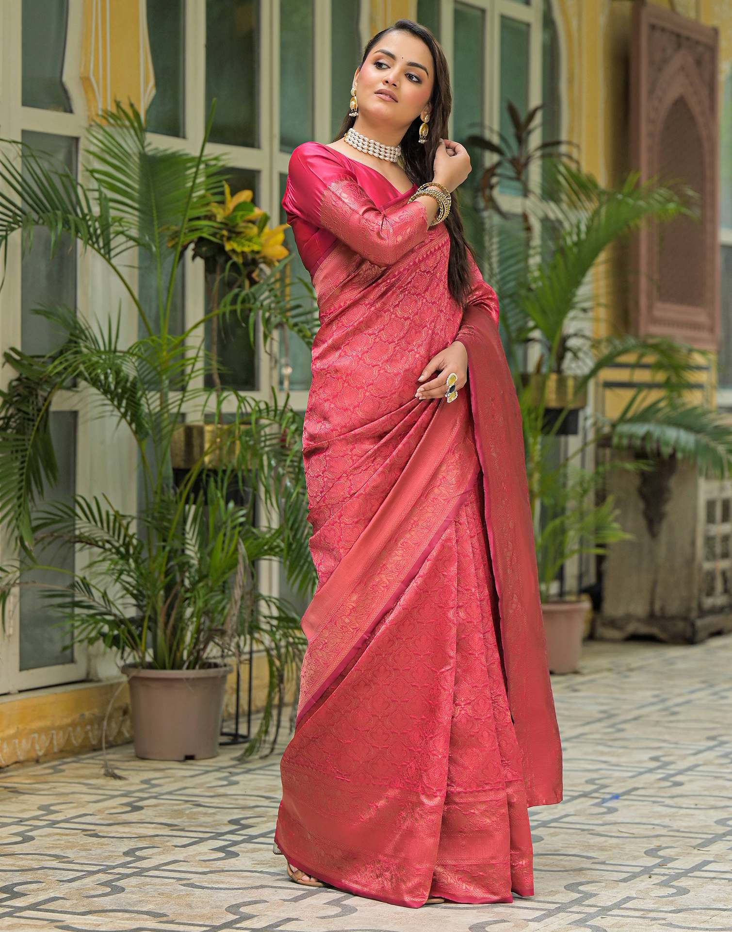 Dark Pink Silk Woven Banarasi Saree