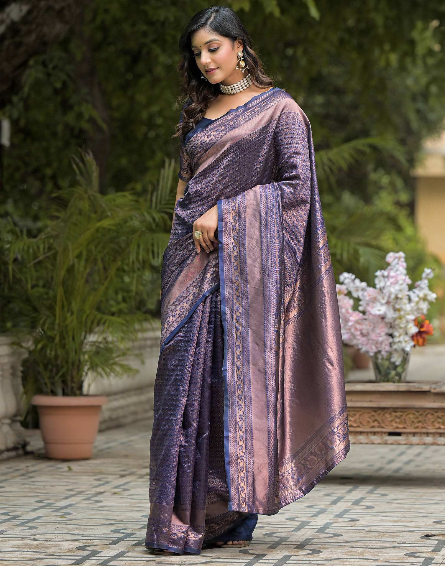 Navy Blue Silk Woven Saree