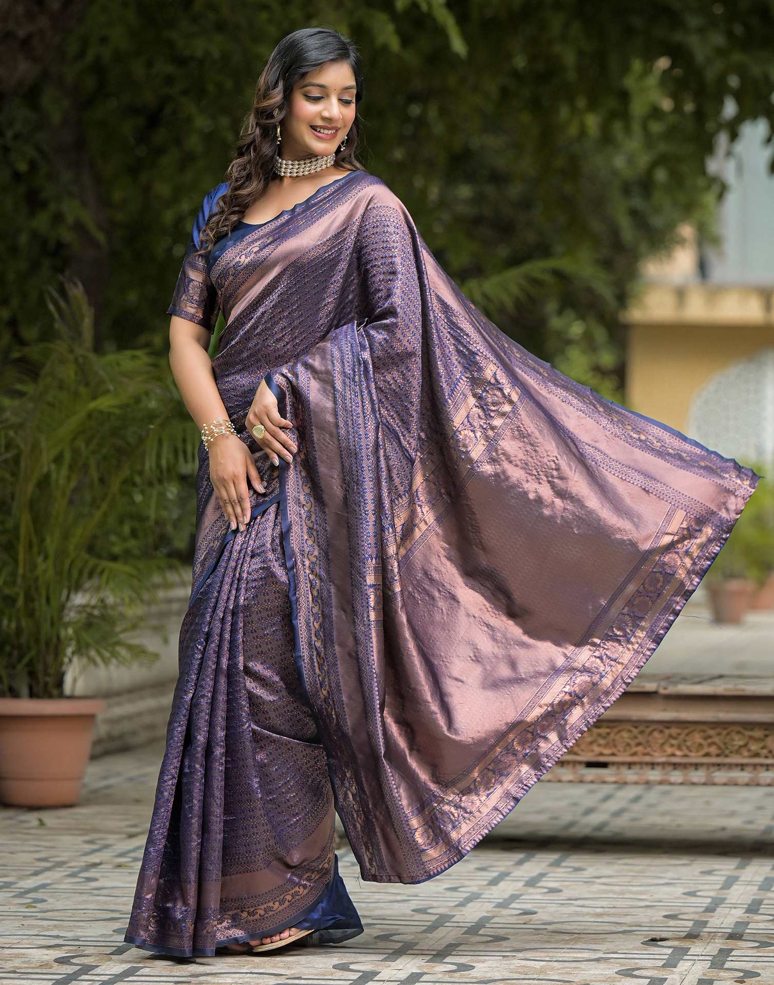 Navy Blue Silk Woven Saree