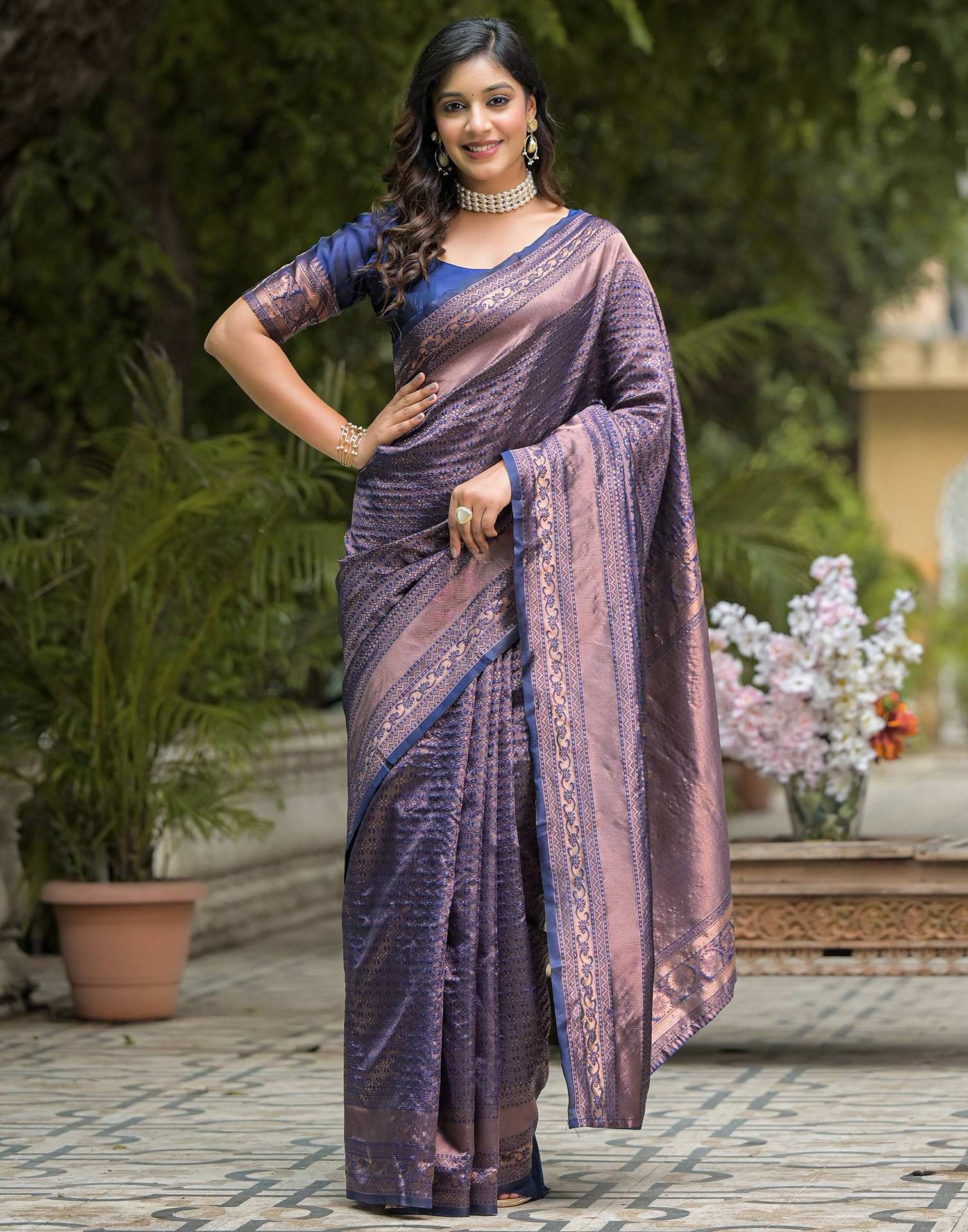 Navy Blue Silk Woven Saree