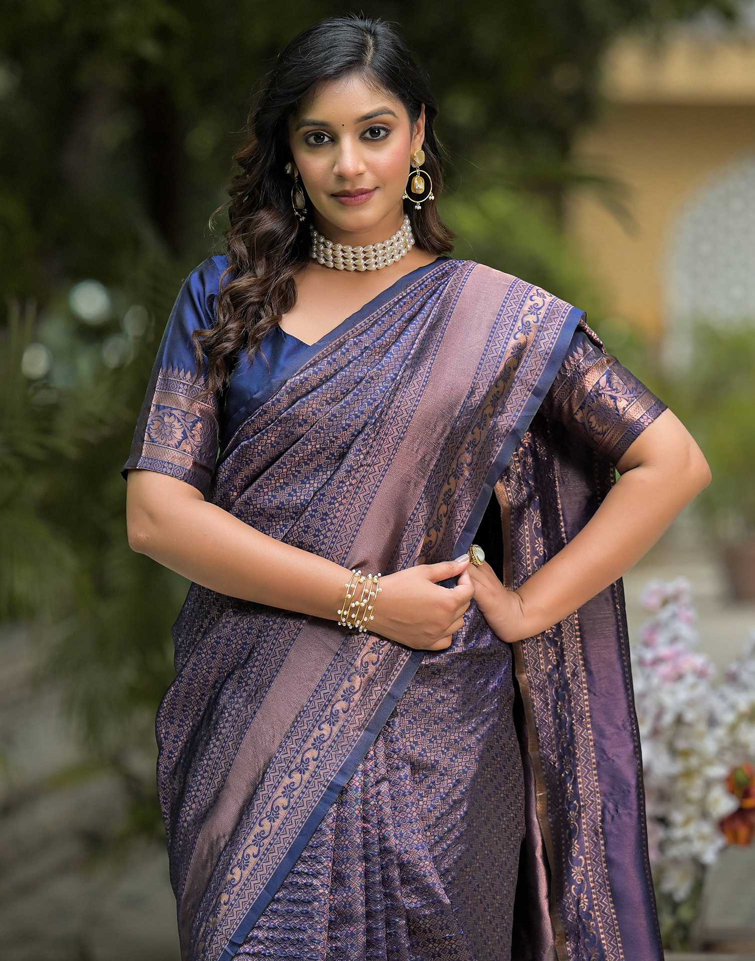 Navy Blue Silk Woven Saree