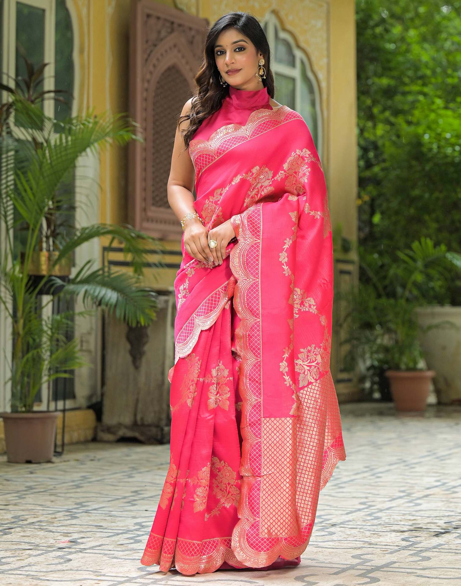 Coral Pink Silk Woven Saree