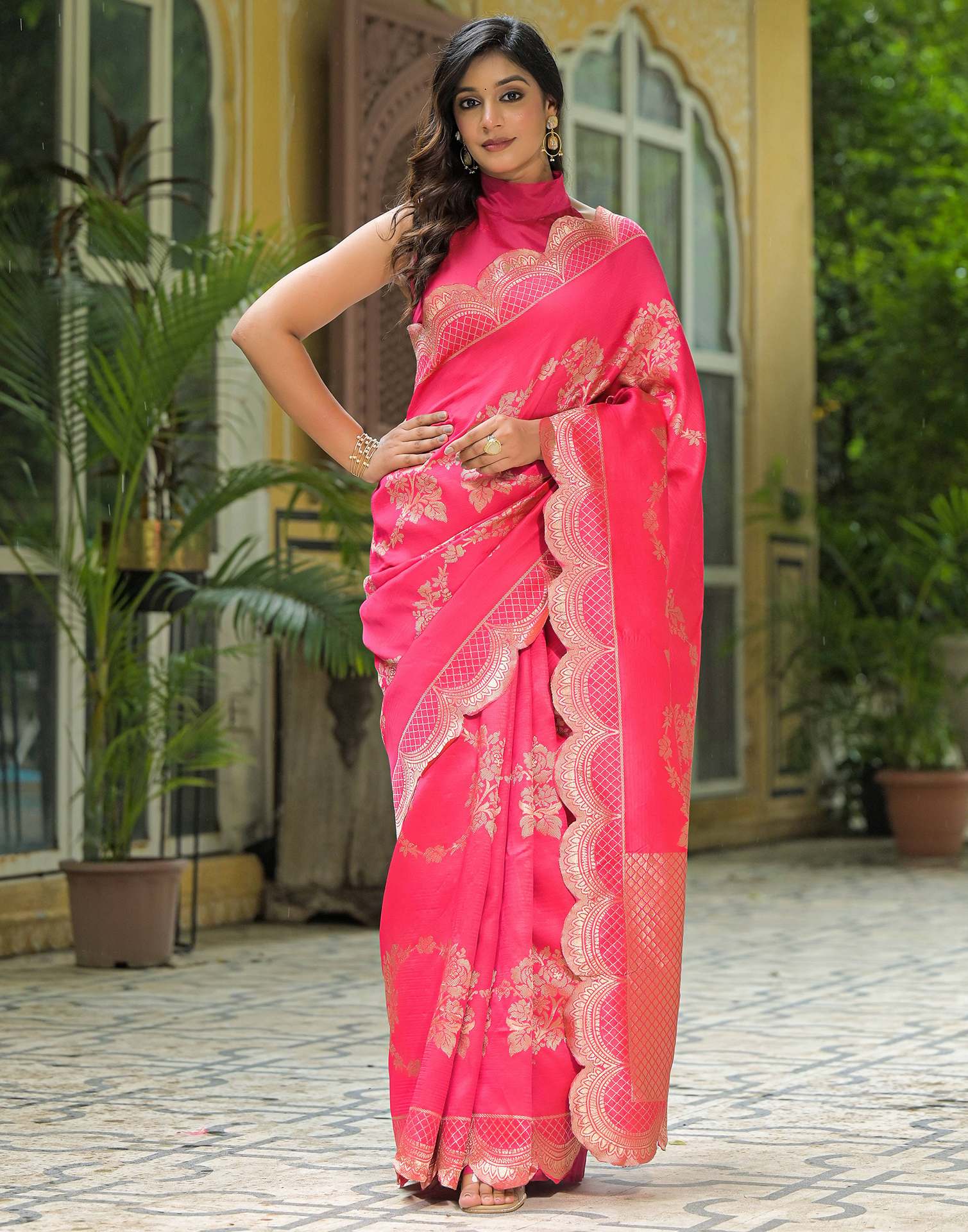 Coral Pink Silk Woven Saree