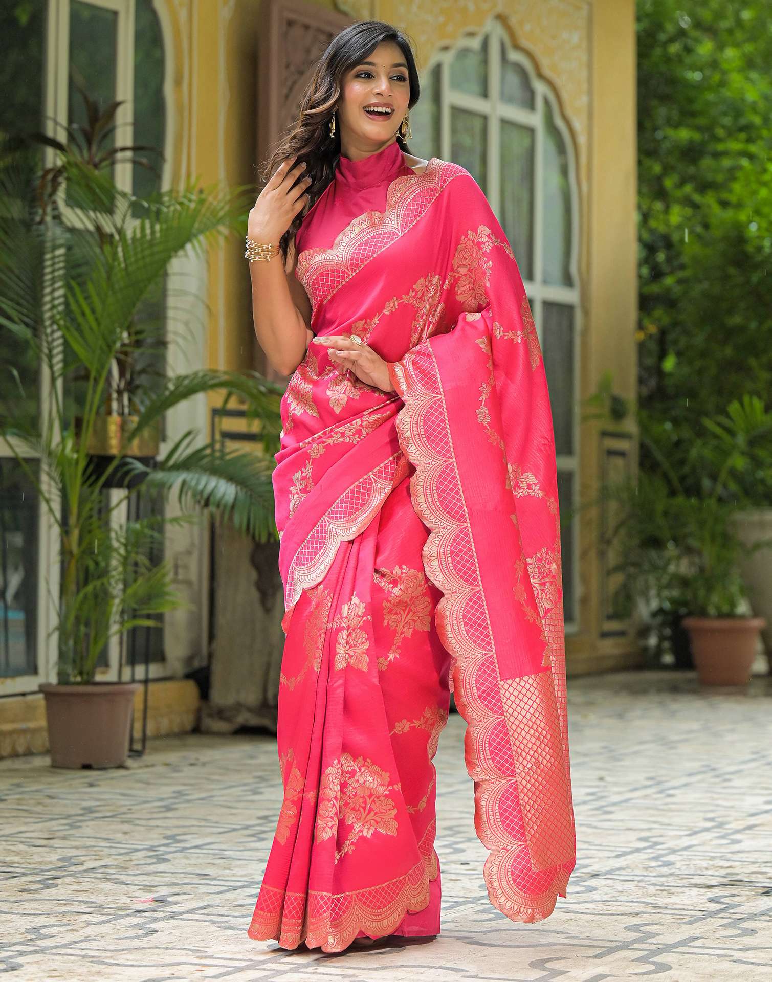 Coral Pink Silk Woven Saree