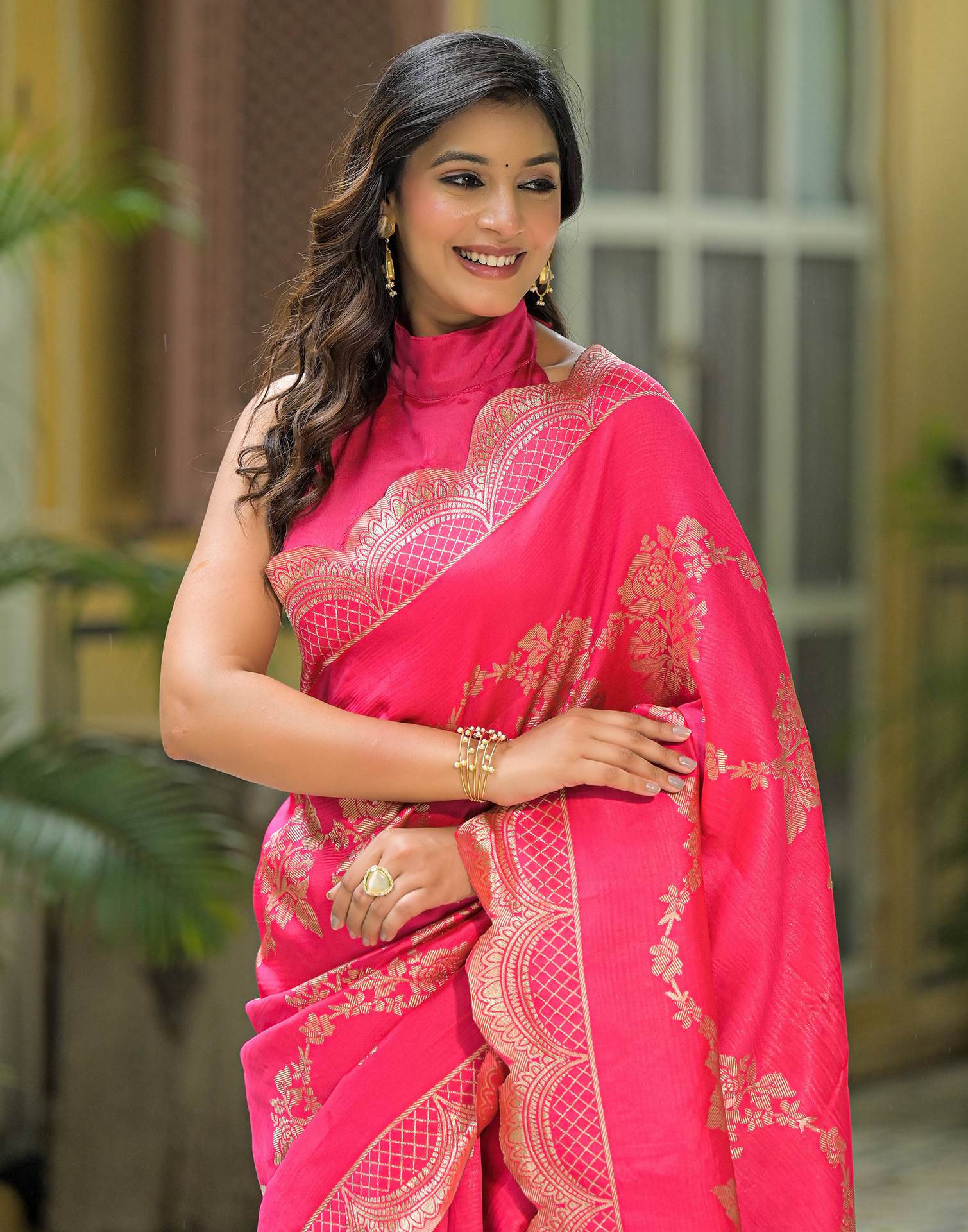 Coral Pink Silk Woven Saree
