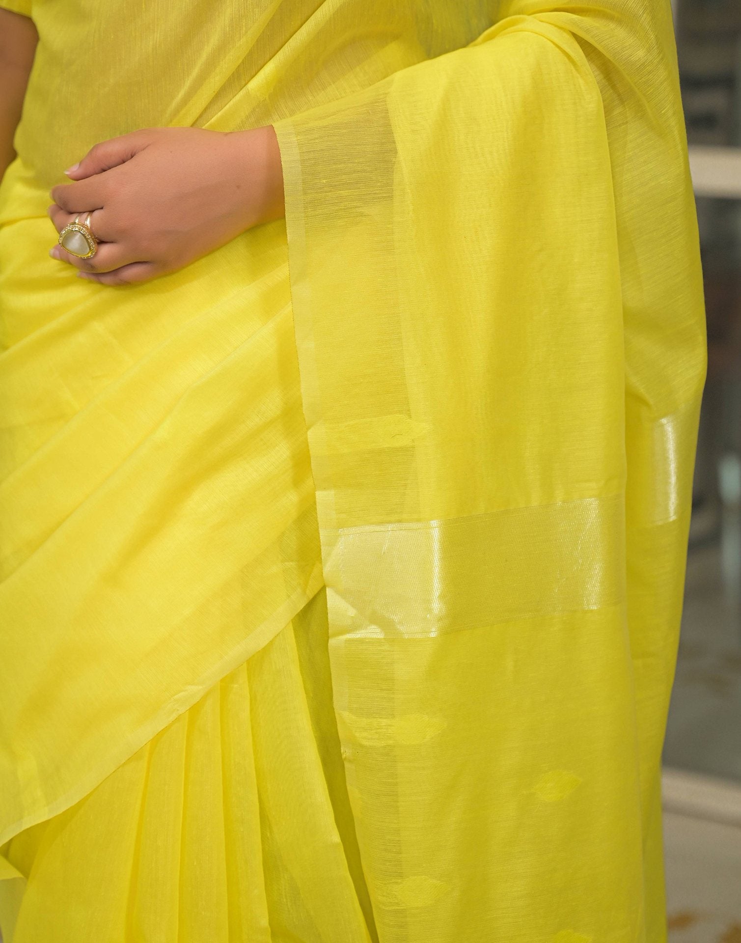 Bright Yellow Silk Woven Plain Saree