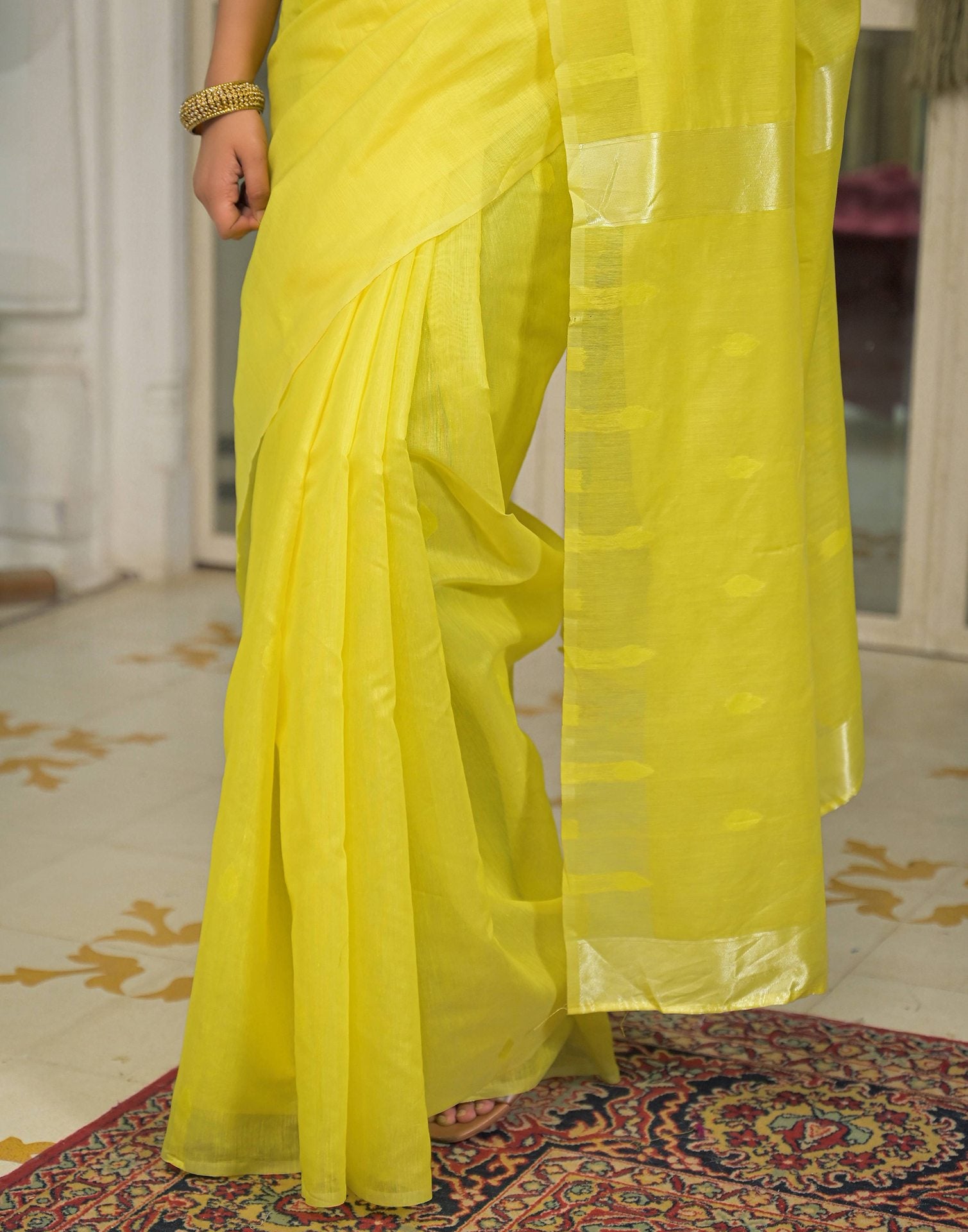 Bright Yellow Silk Woven Plain Saree