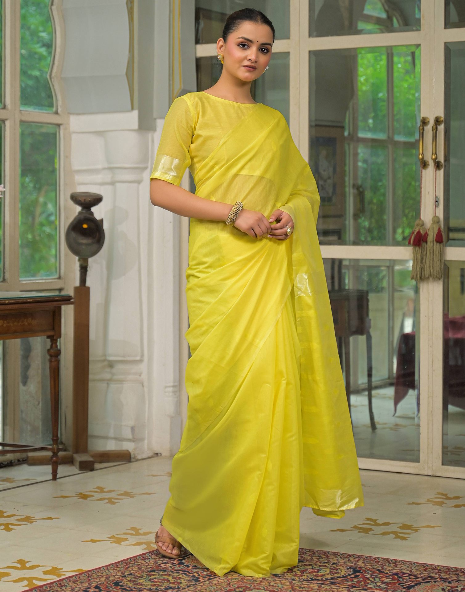Bright Yellow Silk Woven Plain Saree