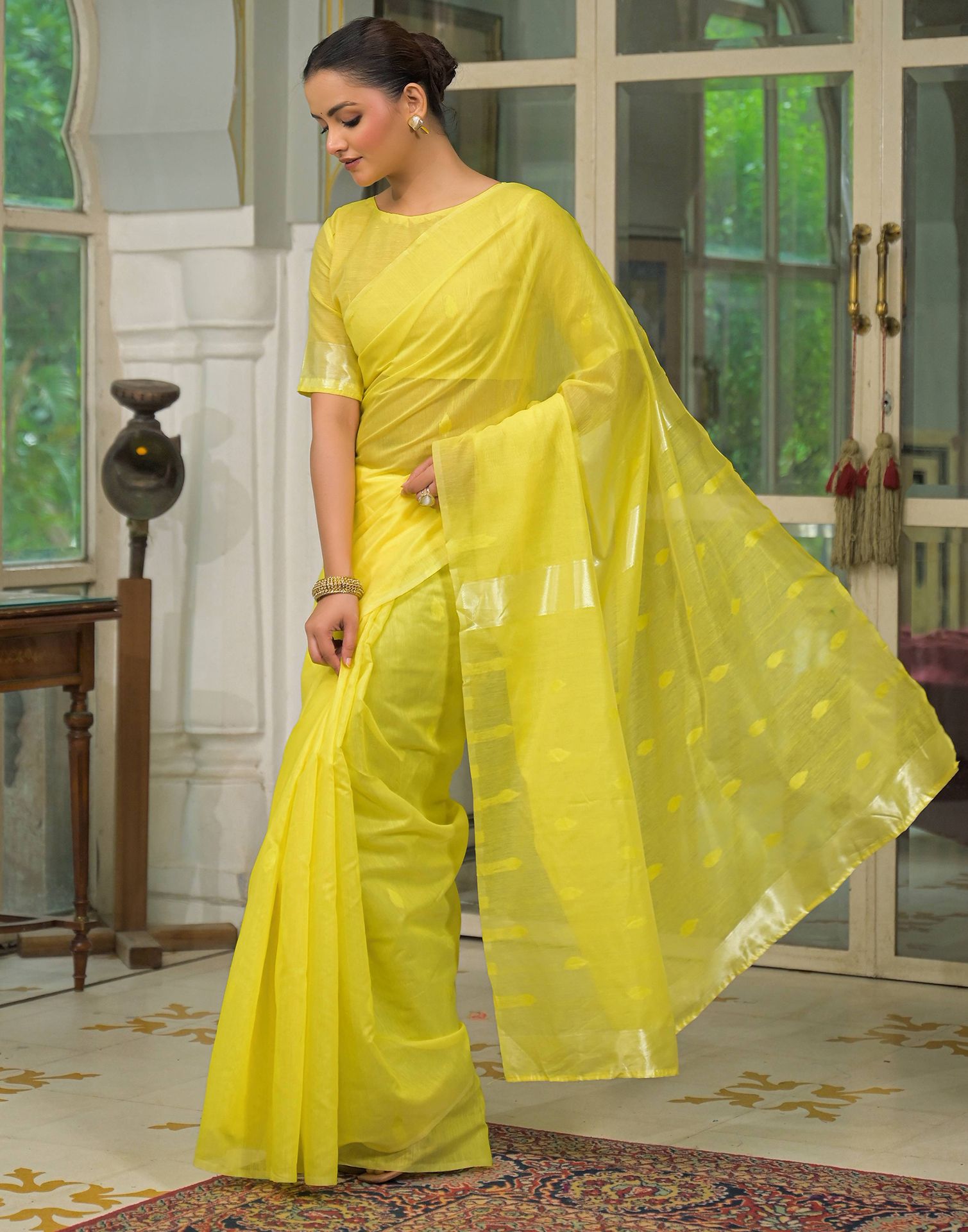 Bright Yellow Silk Woven Plain Saree