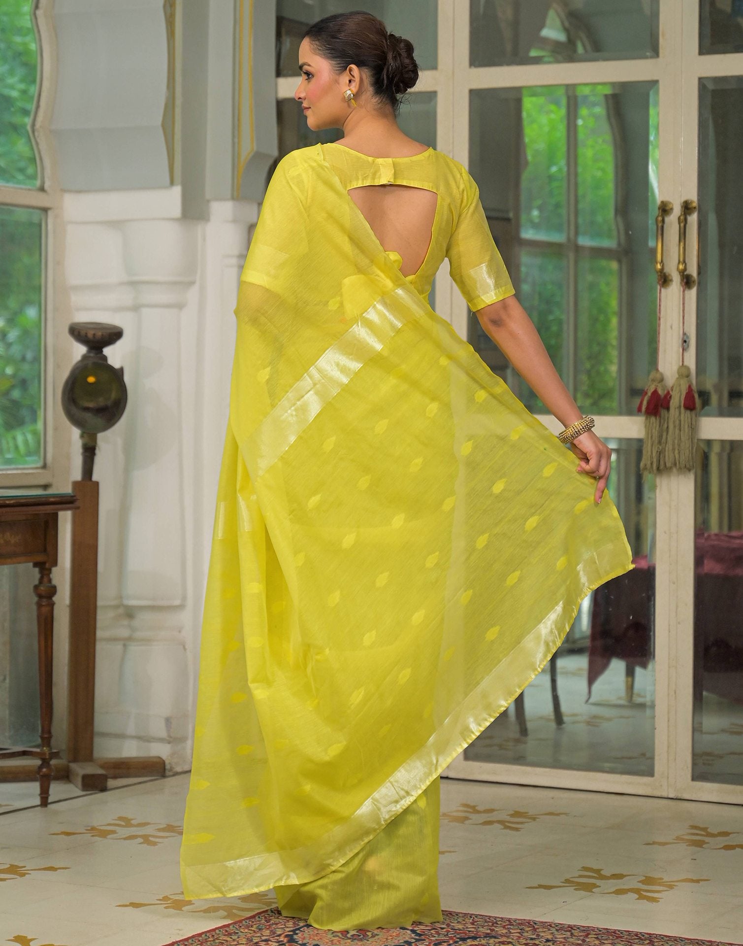 Bright Yellow Silk Woven Plain Saree