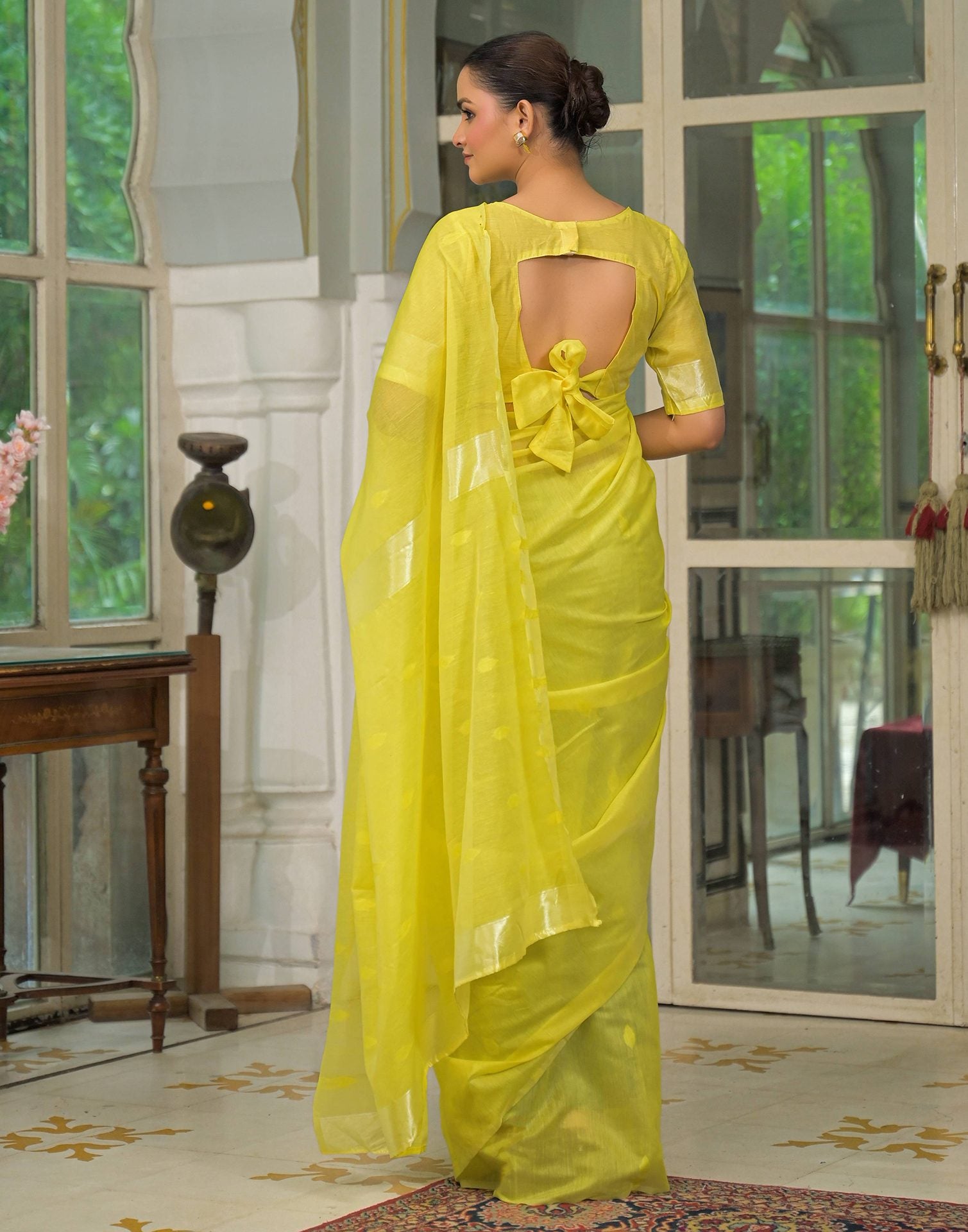 Bright Yellow Silk Woven Plain Saree