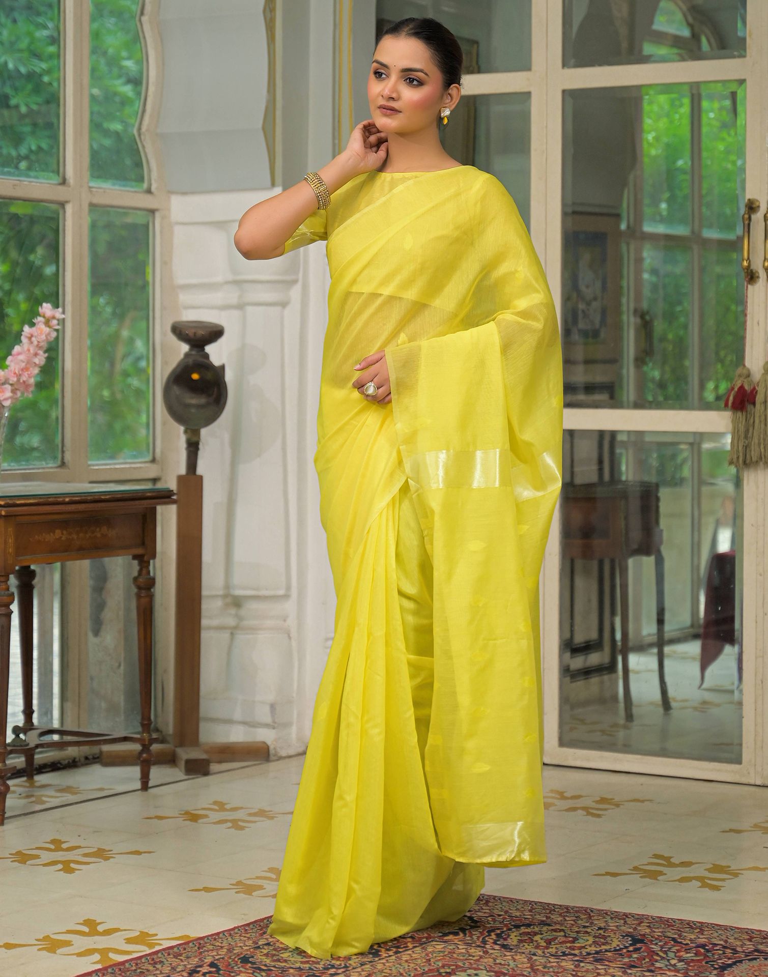 Bright Yellow Silk Woven Plain Saree