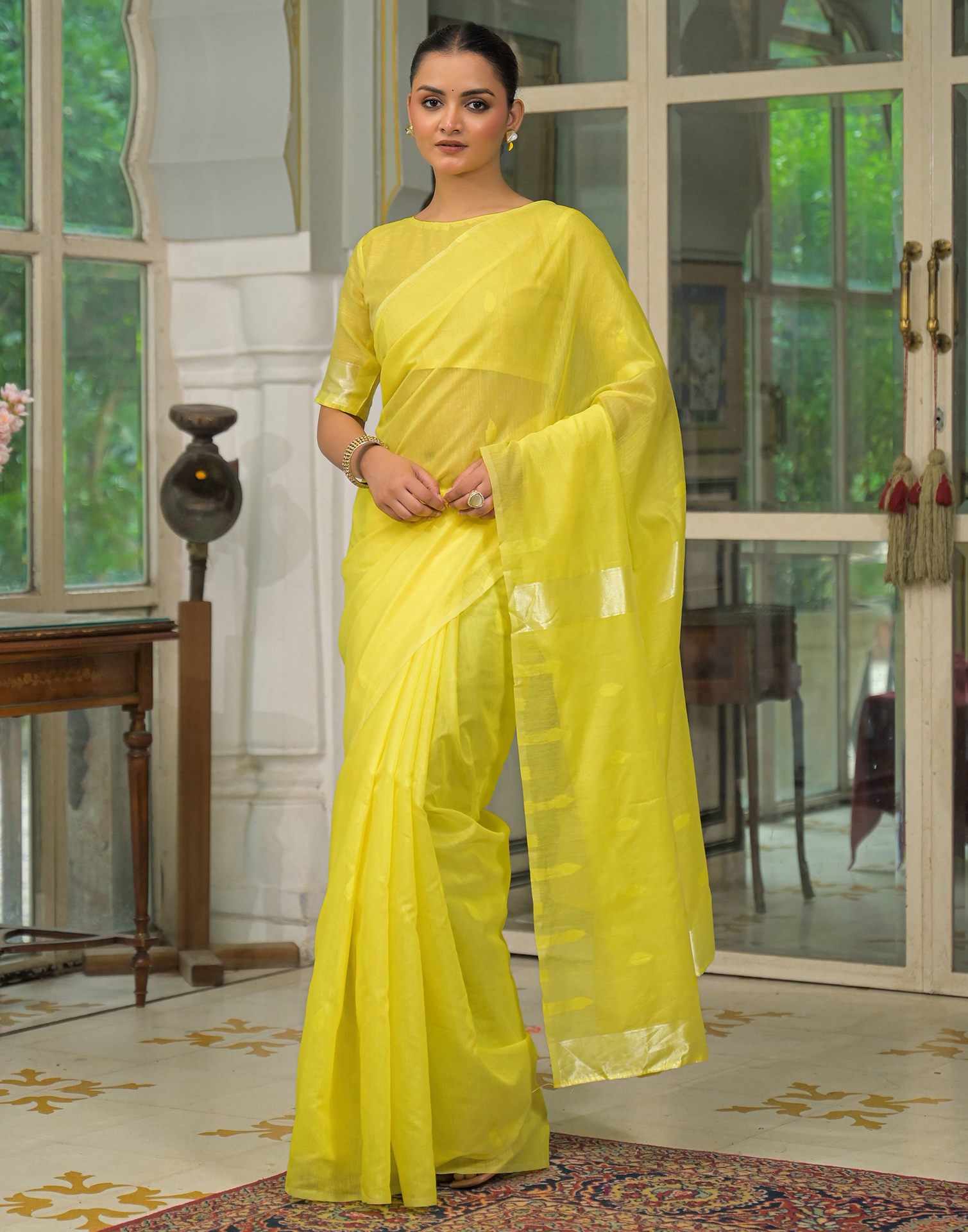 Bright Yellow Silk Woven Plain Saree