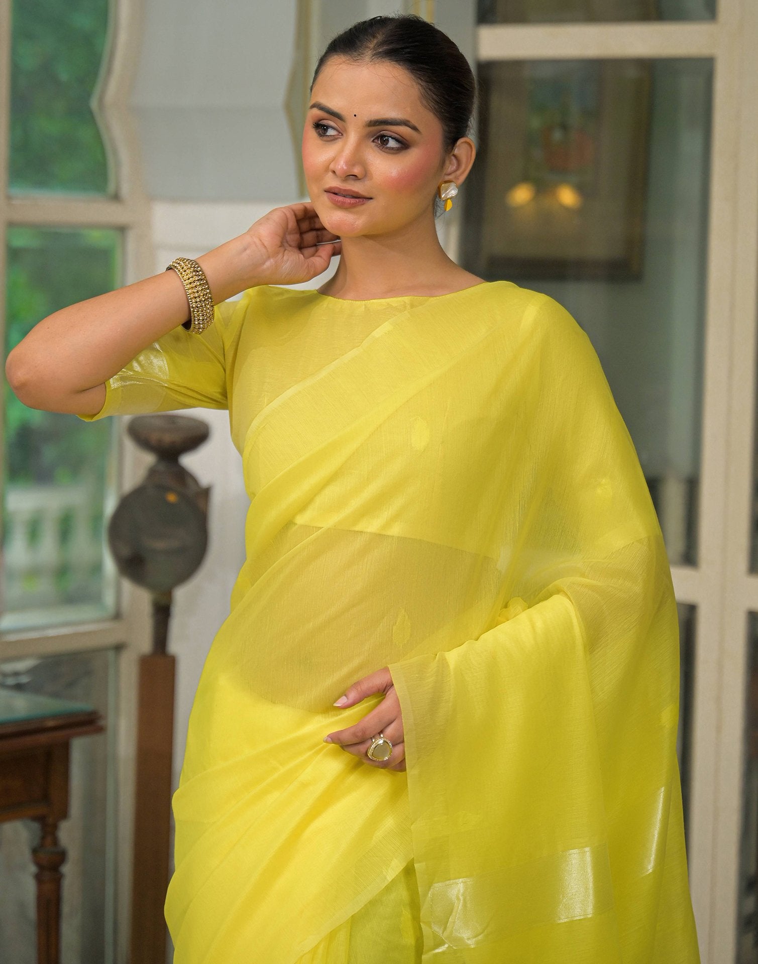 Bright Yellow Silk Woven Plain Saree