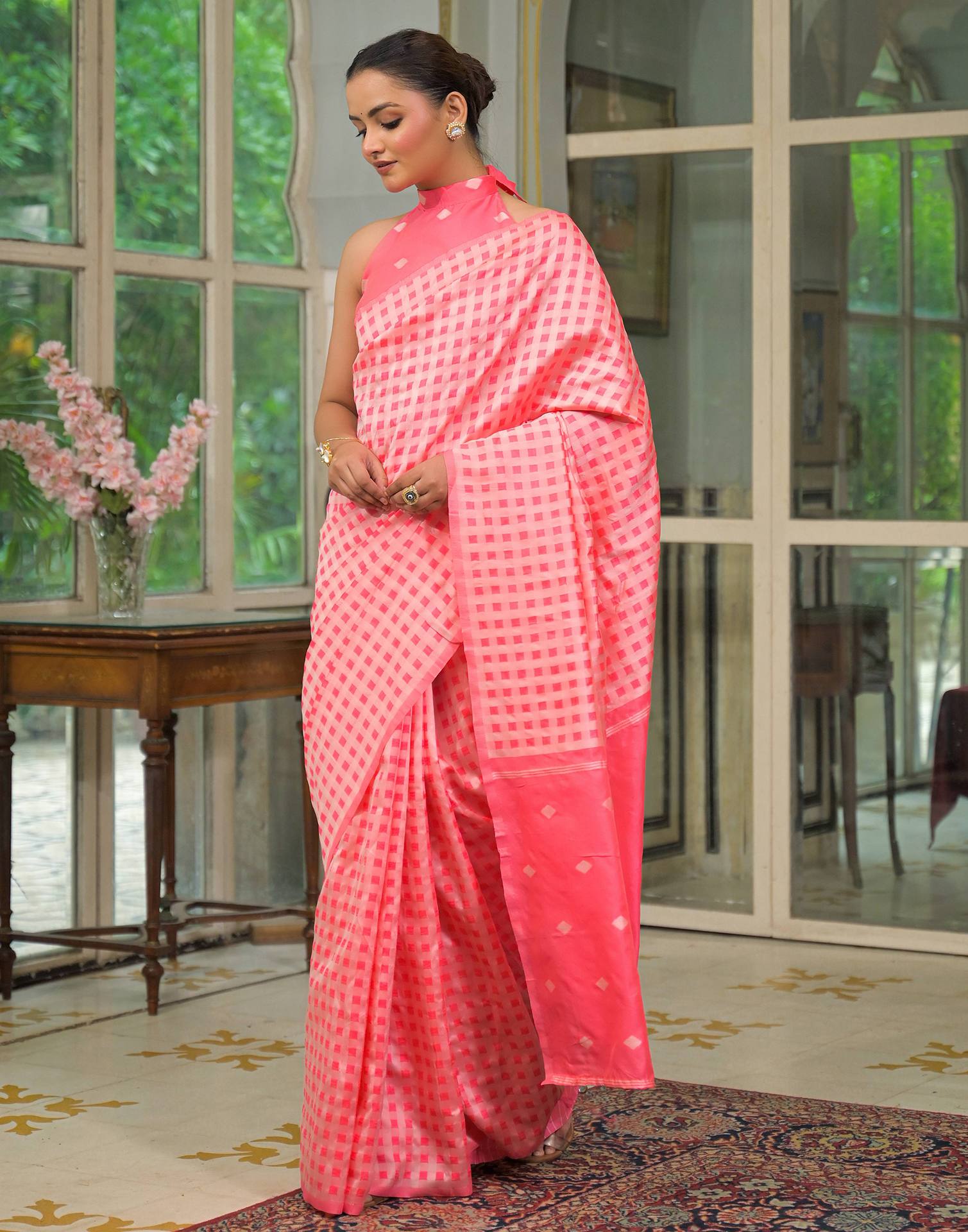 Coral Pink Silk Woven Saree