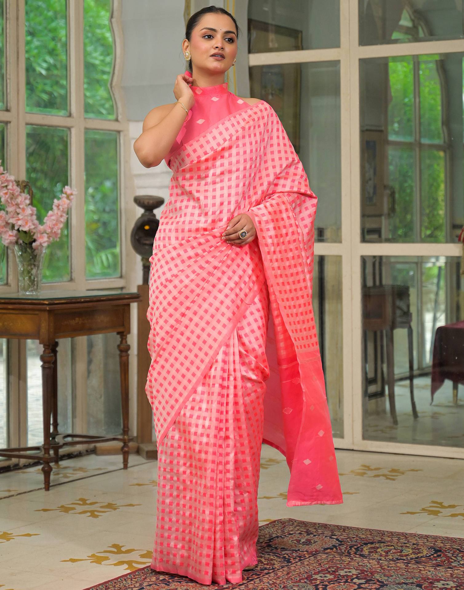 Coral Pink Silk Woven Saree