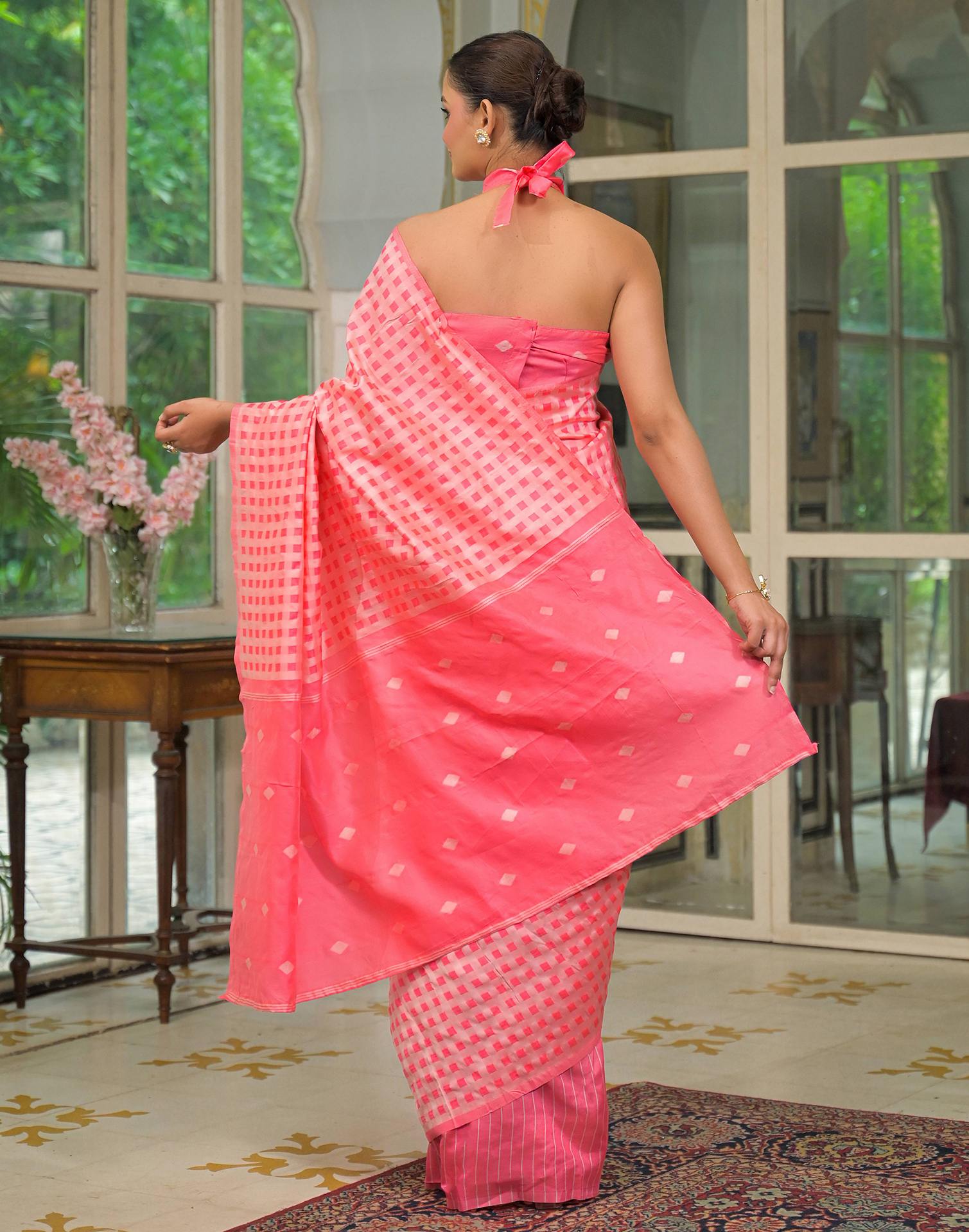 Coral Pink Silk Woven Saree