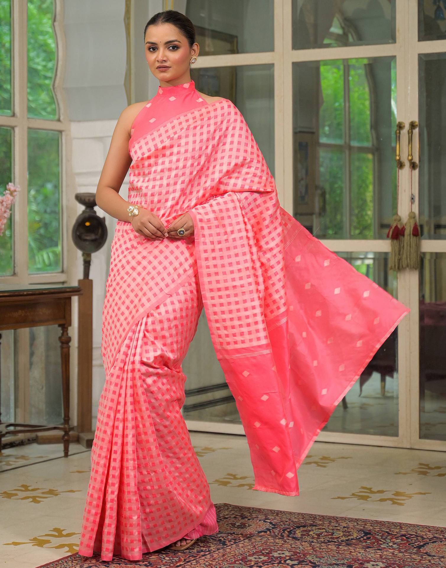 Coral Pink Silk Woven Saree