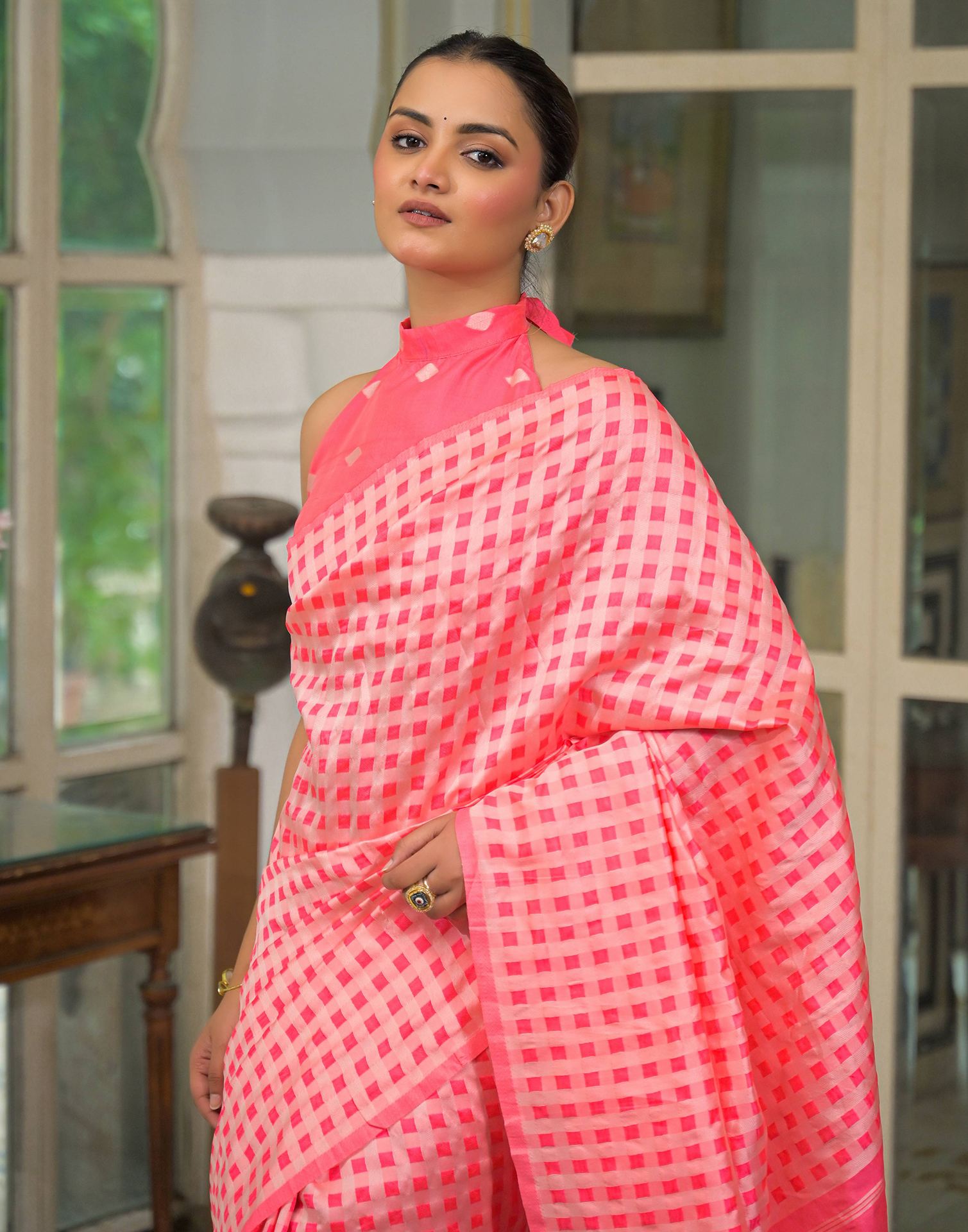 Coral Pink Silk Woven Saree