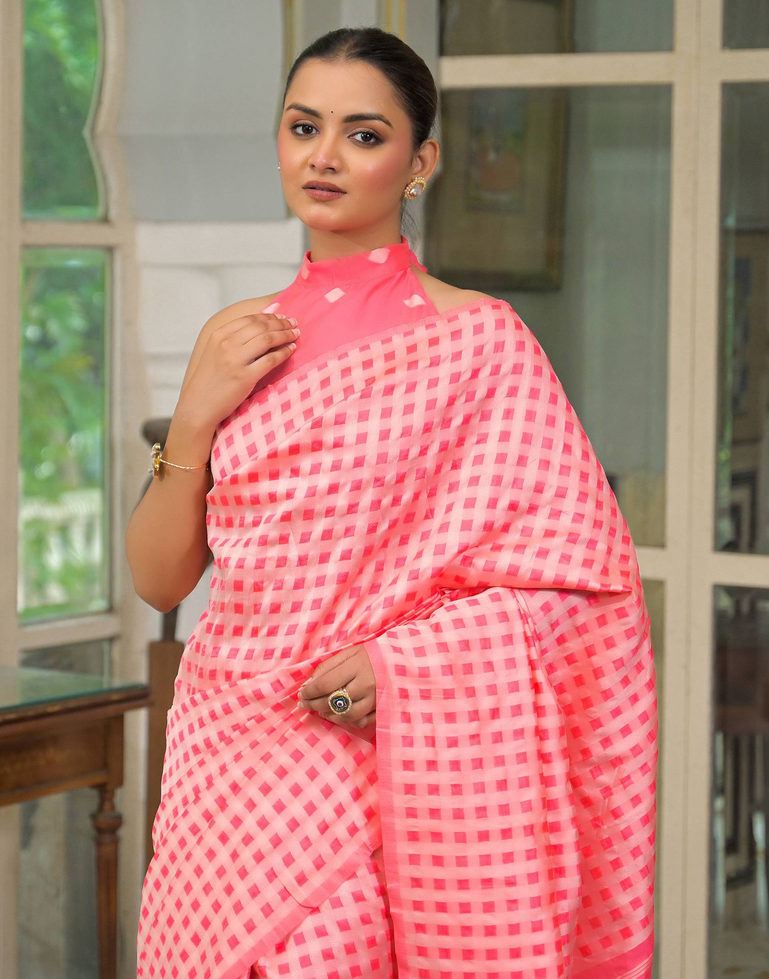 Coral Pink Silk Woven Saree