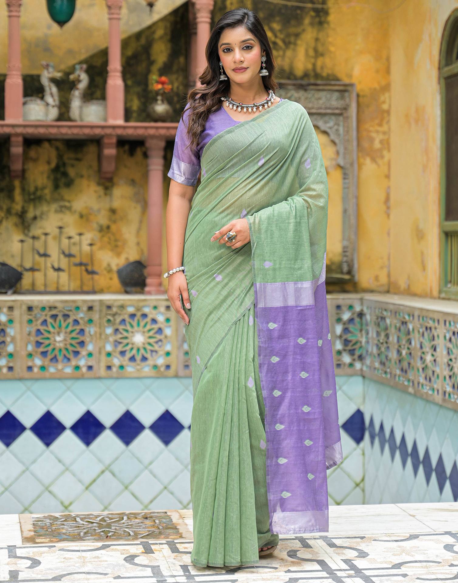 Moss Green Linen Woven Saree