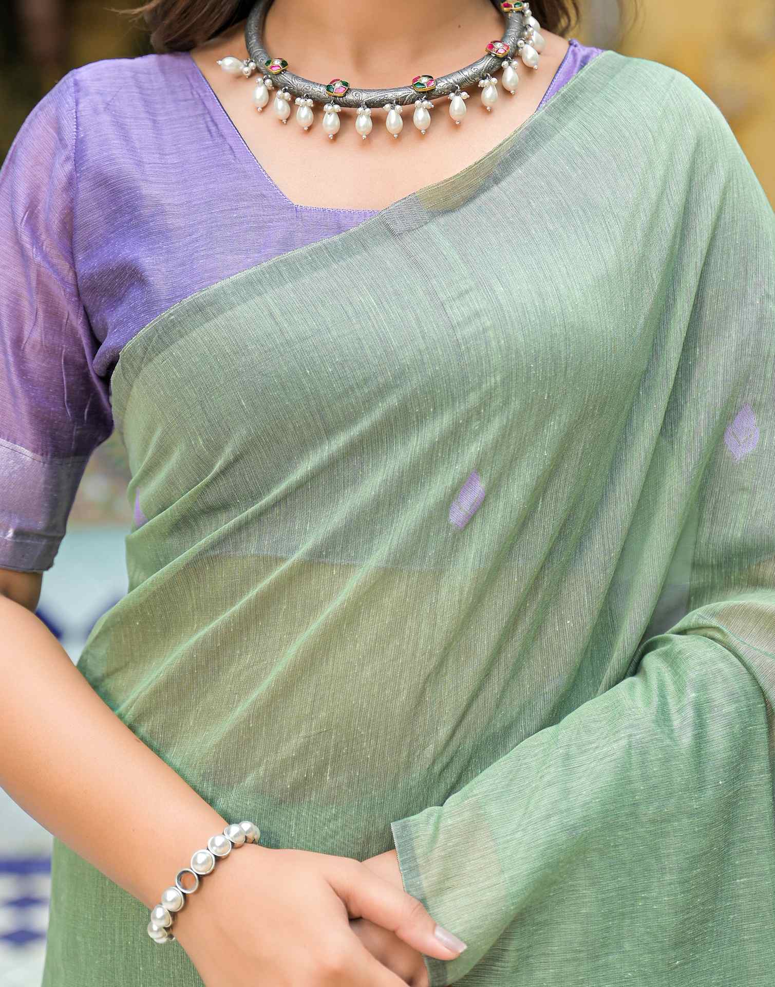 Moss Green Linen Woven Saree