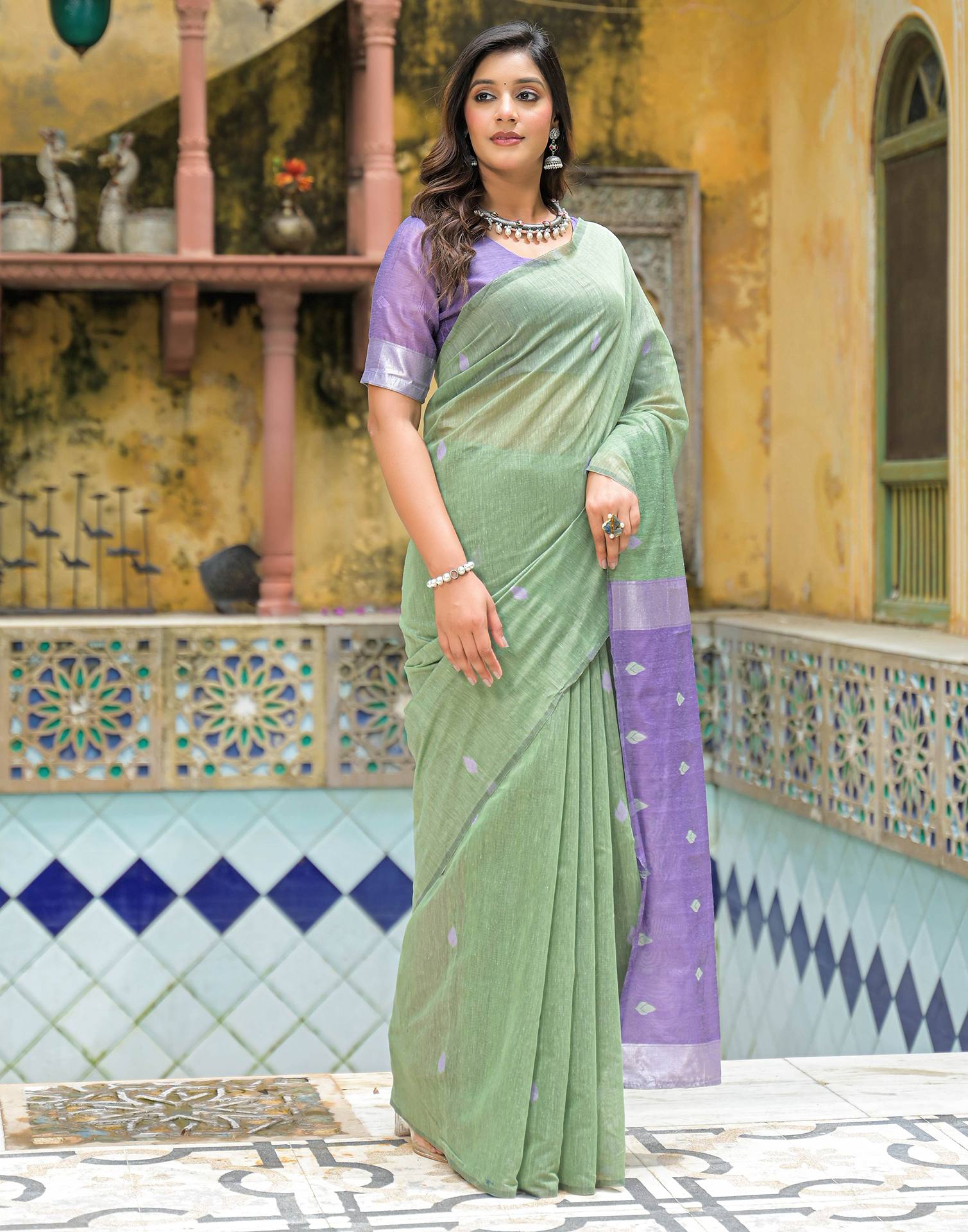 Moss Green Linen Woven Saree