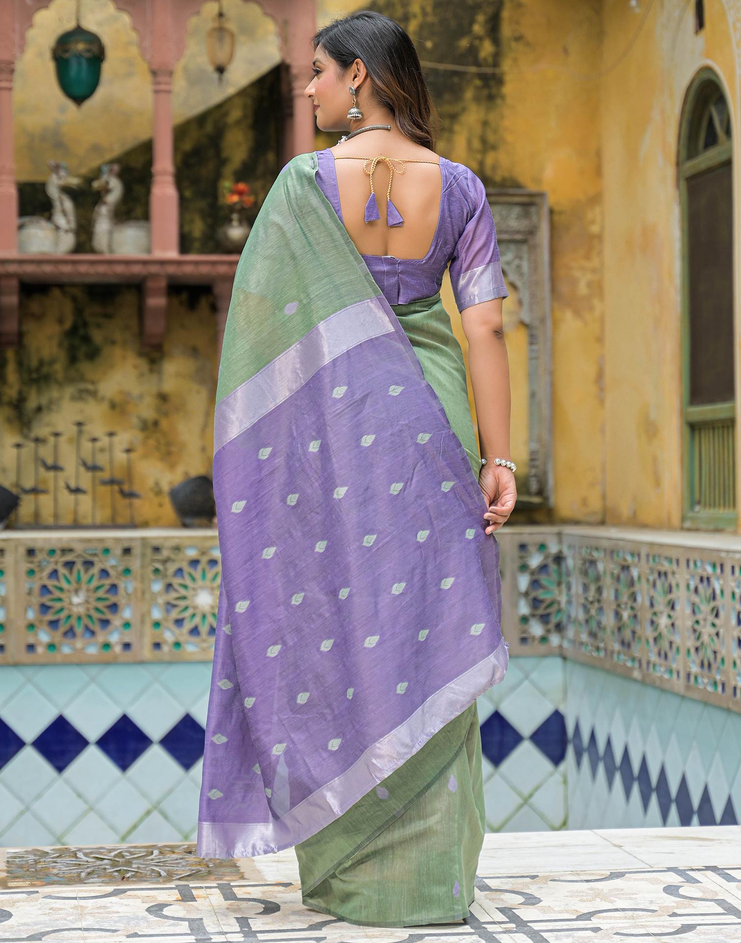 Moss Green Linen Woven Saree