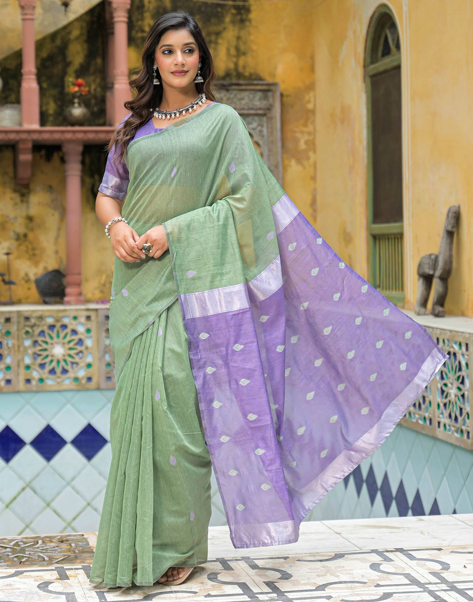 Moss Green Linen Woven Saree