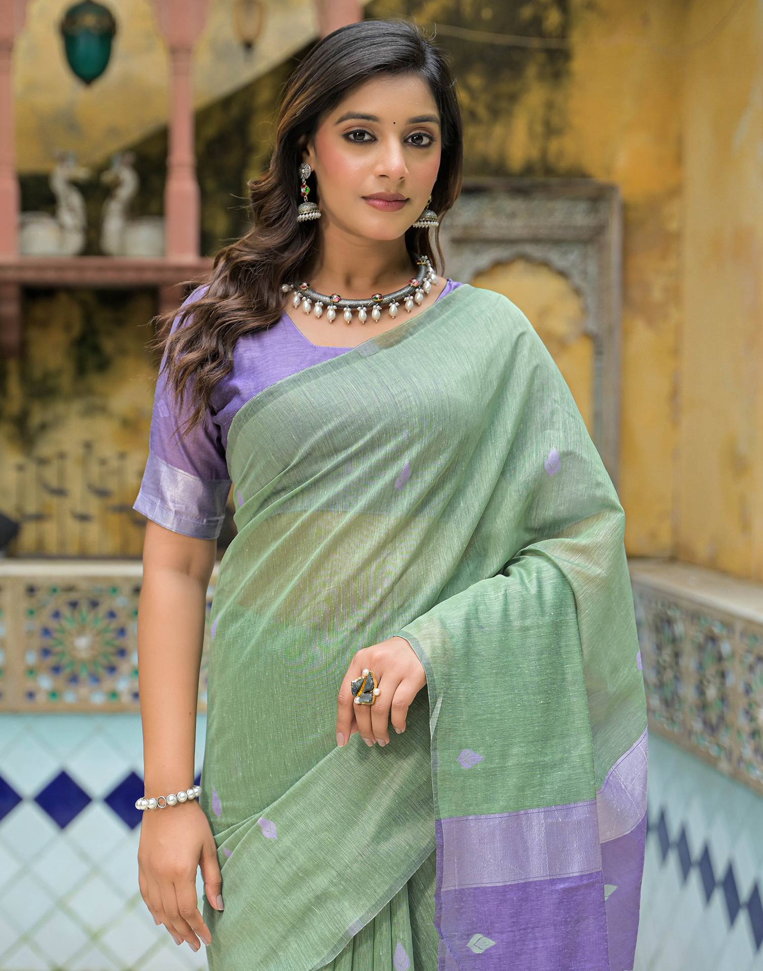 Moss Green Linen Woven Saree