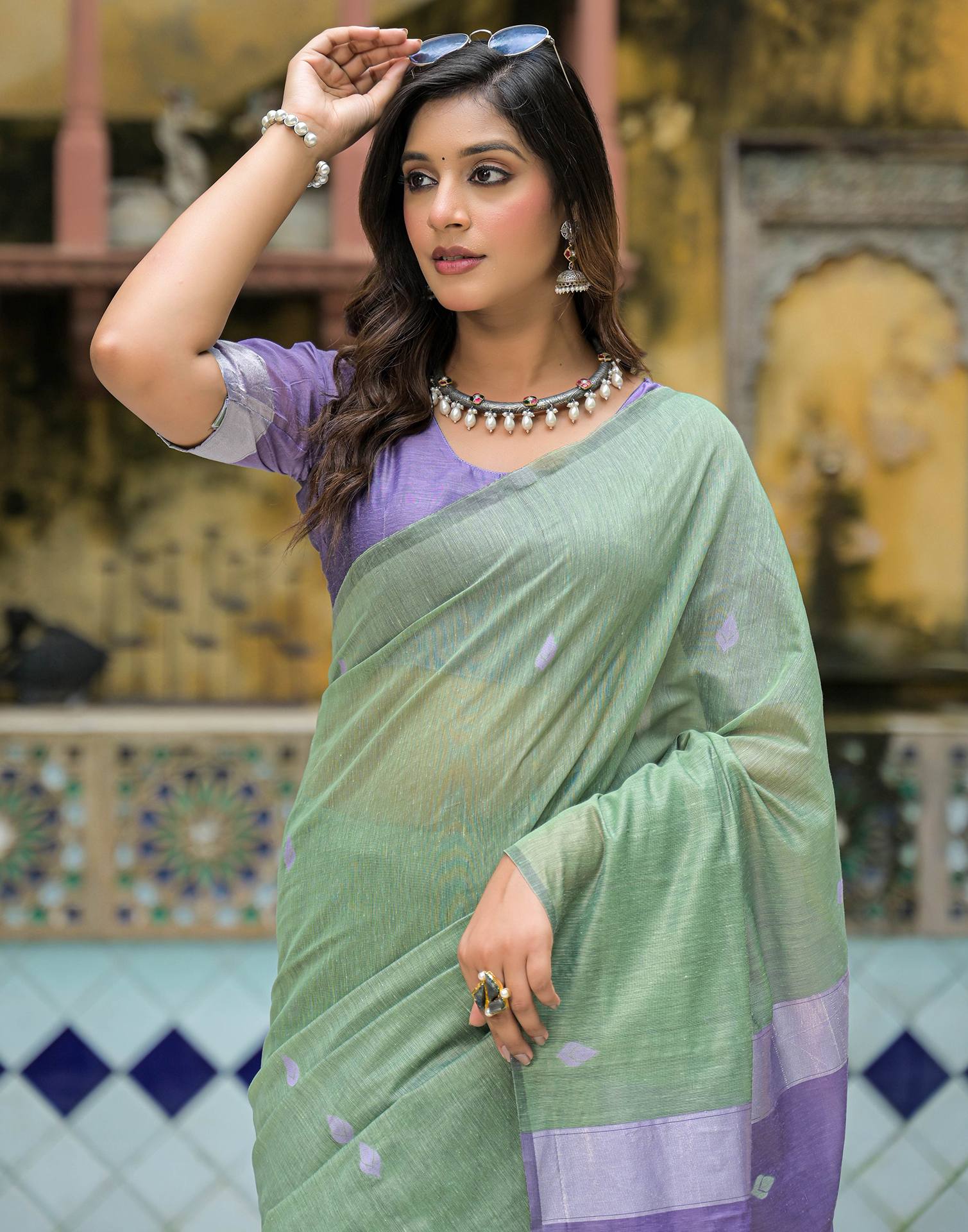 Moss Green Linen Woven Saree